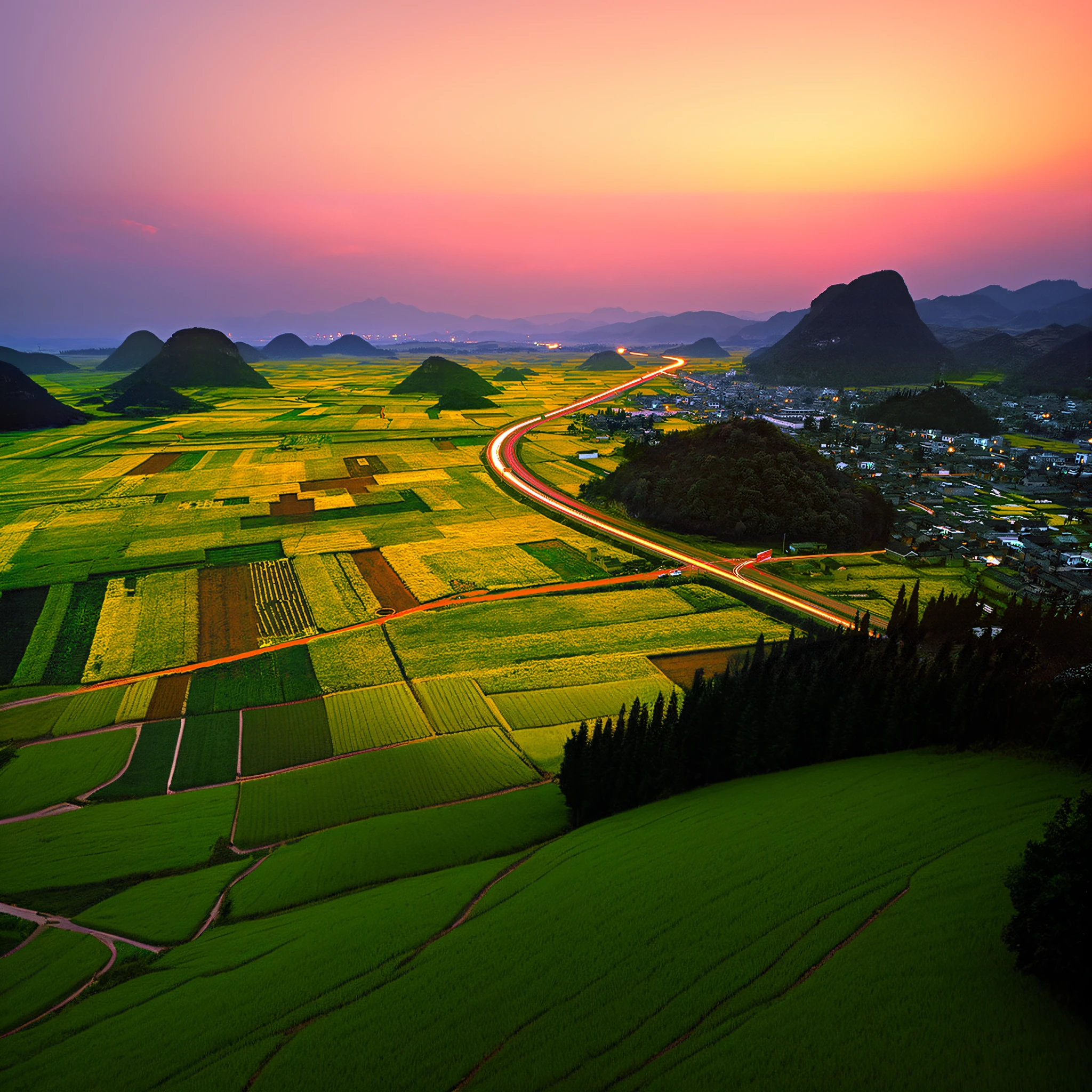 arafed view of a rural area with a road and mountains, roads among fields, color highway, beautifully lit landscape, extraordinary colorful landscape, by Yi Jaegwan, korean countryside, by Liu Haisu, scenic colorful environment, rice, night setting, countryside in japan, by Shi Rui, summer night, by Xia Yong, chinese landscape, vivid landscape