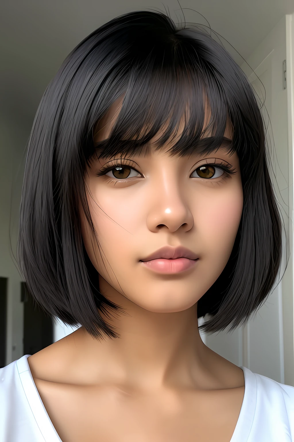 Woman, straight black hair, black eyes, small lips, oval face. Light brown skin. Slightly melancholic eyes and tapered nose with small mouth