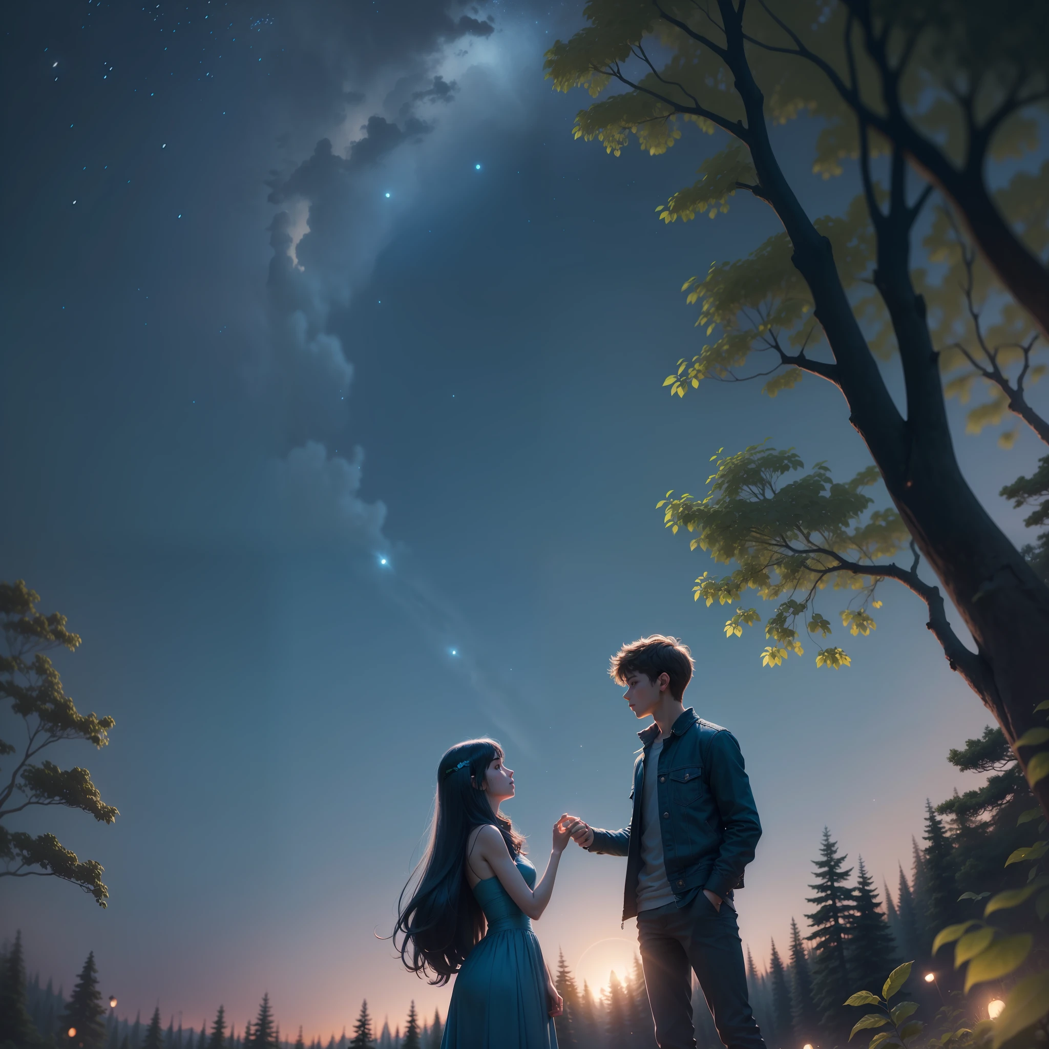 teenage boy and girl kissing, amidst the woods, standing on an ancient rock, perfect body, beautiful face ,night, blue moon, dense forest, ultra high quality, fireflies, magical, mysterious, love, romantic, blue moon, photo realistic, silhouette, ultra hd, fireflies in the background,