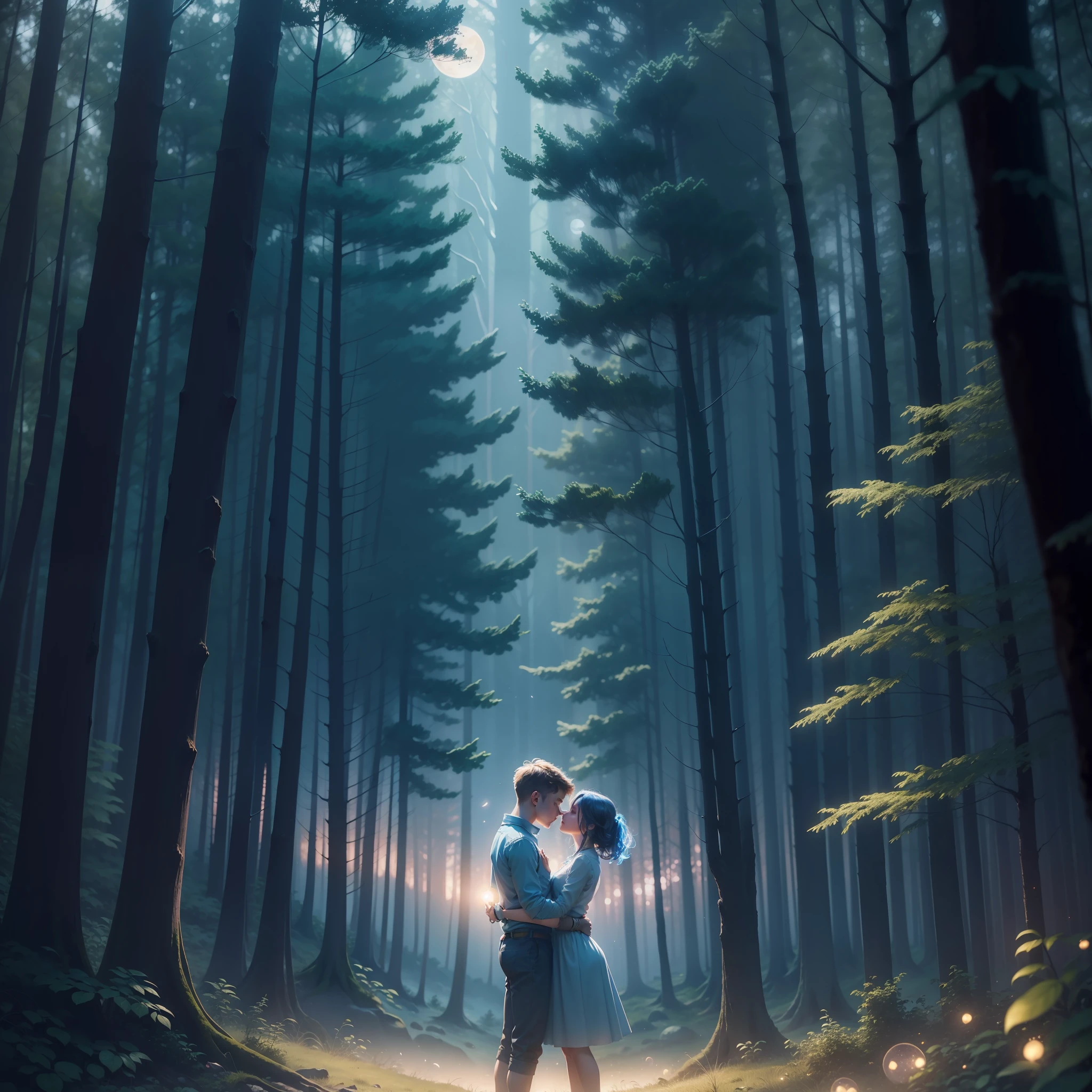 age boy and girl kissing, amidst the woods, standing on an ancient rock, perfect body, beautiful face ,night, blue moon, dense forest, ultra high quality, fireflies, magical, mysterious, love, romantic, blue moon, photo realistic, silhouette, ultra hd, fireflies in the background,