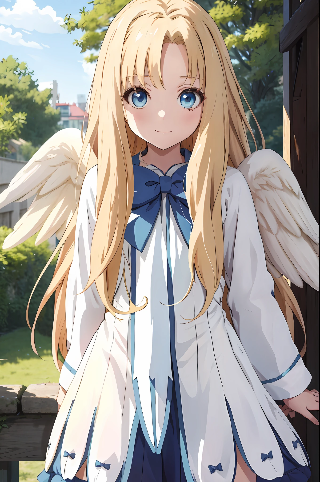 filo, anime style girl, upper body, 1girl, solo, happy, white wings, hite dress, blue bow, long hair, blue eyes, looking at viewer, parted bangs, bent over, arms behind back, highest quality, high resolution.