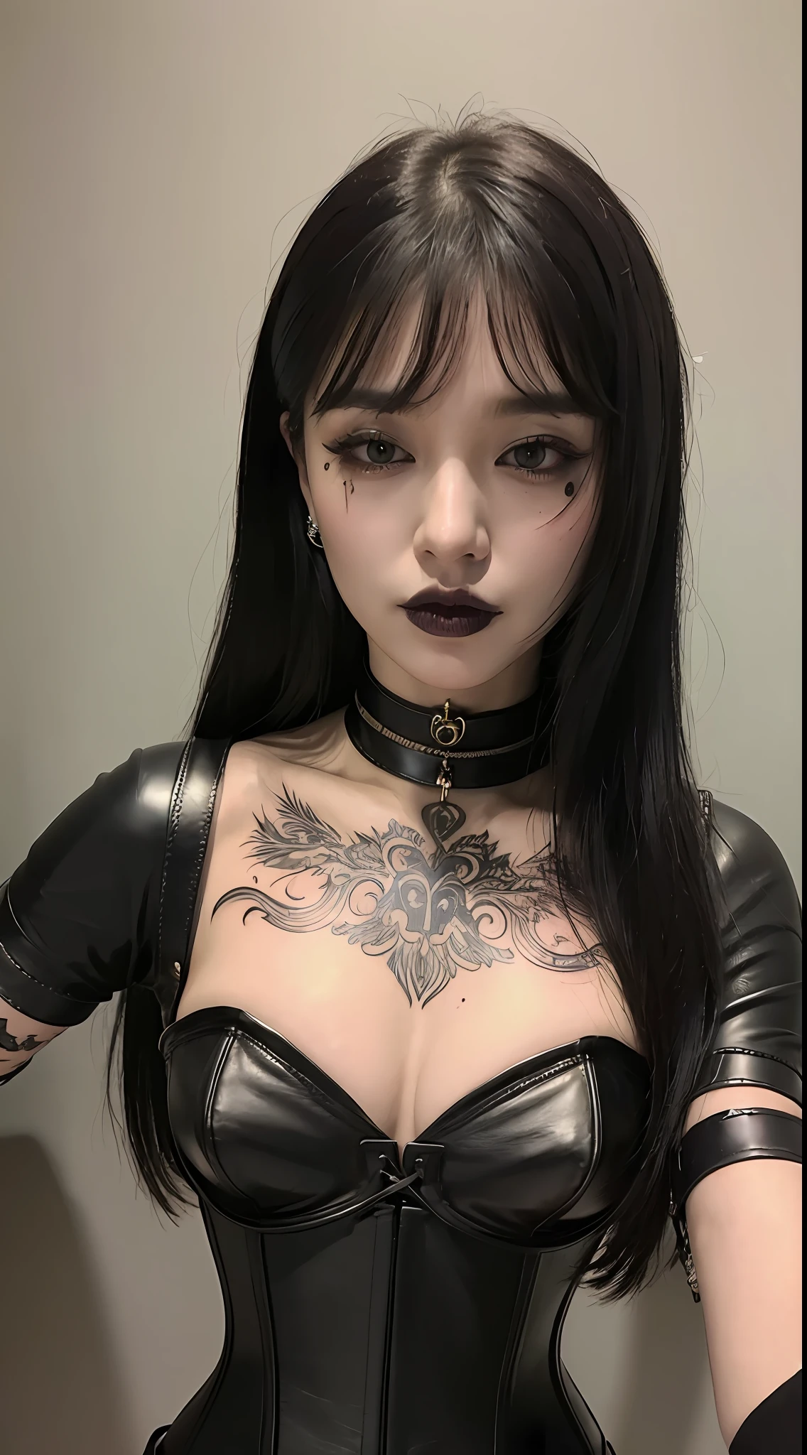 ((top quality, 8k, masterpiece: , a woman long hair, bangs would be black lipstick small breasts, leather corset choker gloves, tattoos