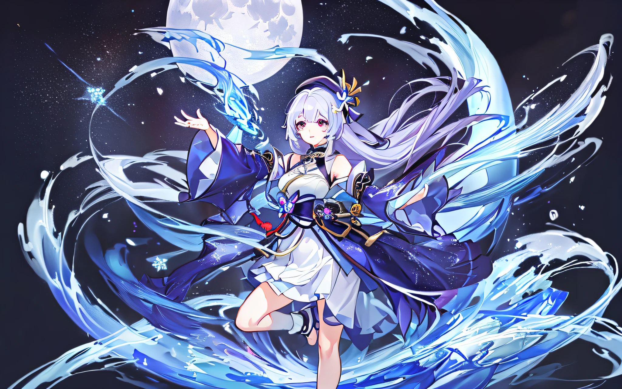 Anime girl dressed in blue dress and blue and white dress with purple hat, splash art anime loli, Ayaka Genshin impact, Genshin impact beauty posture, Onmyoji detail art, moon themed costume, beautiful celestial mage, character neutrality, beautiful and smooth detail depiction.