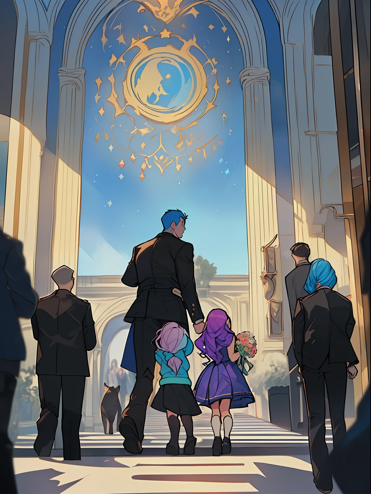 Blue backlight illuminating the jar-colored hair, cartoon-style illustrations with a children's theme featuring characters, warm color scheme, soft, high-quality images, details and accurate depictions, illuminated with originality that attracts the attention of the audience, striking poses and interesting activities, dark blue moon works, courage, leader, revolutionary, human rights activist and historian, (Hair color: Jar color and half color and flower green blue and blue gradient color, web color specified, purple hair color in the color of WEB color # A484A3 and # 843779)))), ((Hair color dyed in gradient color of WEB color # 007F89 and # 5AB5B2)))))), ((((hairstyle: long hair))), Avril, woman, high detailed hairstyle depiction, high detail hair depiction, Depiction of highly detailed eyes, large blue eyes, drooping eyes, bright expression, height 165cm, scale 1/20, highly detailed facial details, unique character design, not an ugly face, five fingers, symmetry, marble-like skin color, not an ugly body, two arms, two legs, Caucasian, ((male, masterpiece: 1.5)), watercolor ink Original drawing, story movie, movie, manga illustration, cute, adorable, detailed photorealistic, wallpaper pencil drawing, eyelashed eyes, synopsis: In the distant future, the once glorious developed country is facing catastrophe and is heading for destruction. People hated their country and accepted their desperate fate, while repeatedly acting like crazy. This story is a near-future science fiction about the tragedy of the people of that country walking to destruction, and the characters: Emilio Sanders: The protagonist is a sober and knowledgeable historian. Foreseeing the destruction of the country and facing its desperate reality. While possessing reason and insight, he faces the fate of a disgusting country and becomes an existence full of anguish. Avril Monroe: Emilio's best friend. A human rights activist with a keen eye for corruption in the country. He continues to fight to u