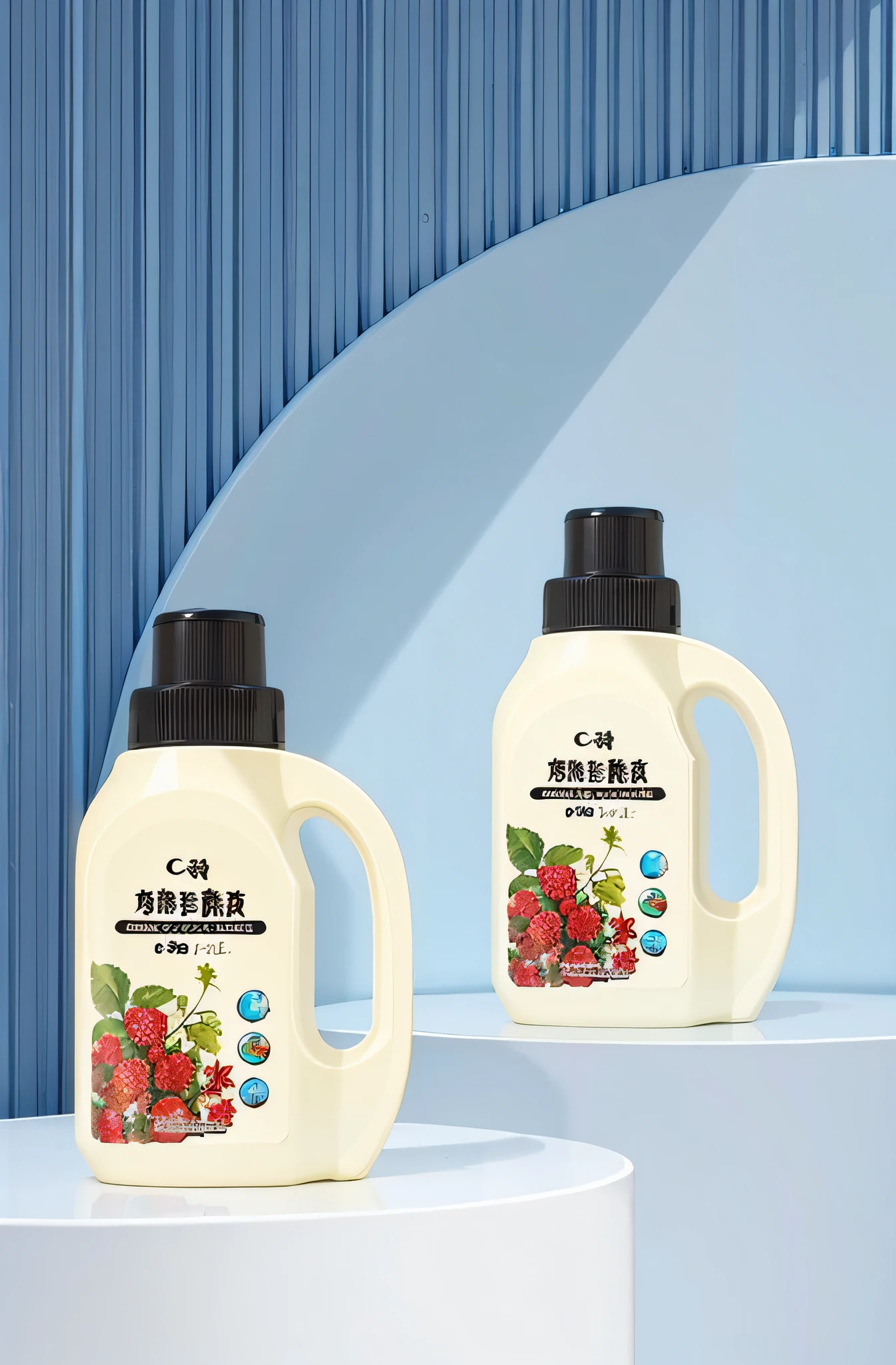 two bottles of liquid sitting on a white pedestal with blue background, 4l, 8 l, 8l, oil, high quality topical render, 3d product, fashionable, cream, product introduction photo, [ organic, detaild, juice, liquid high glossy, organic, drink, milk, professional product photo, product label, smooth, 5d, 5 d --auto --s2