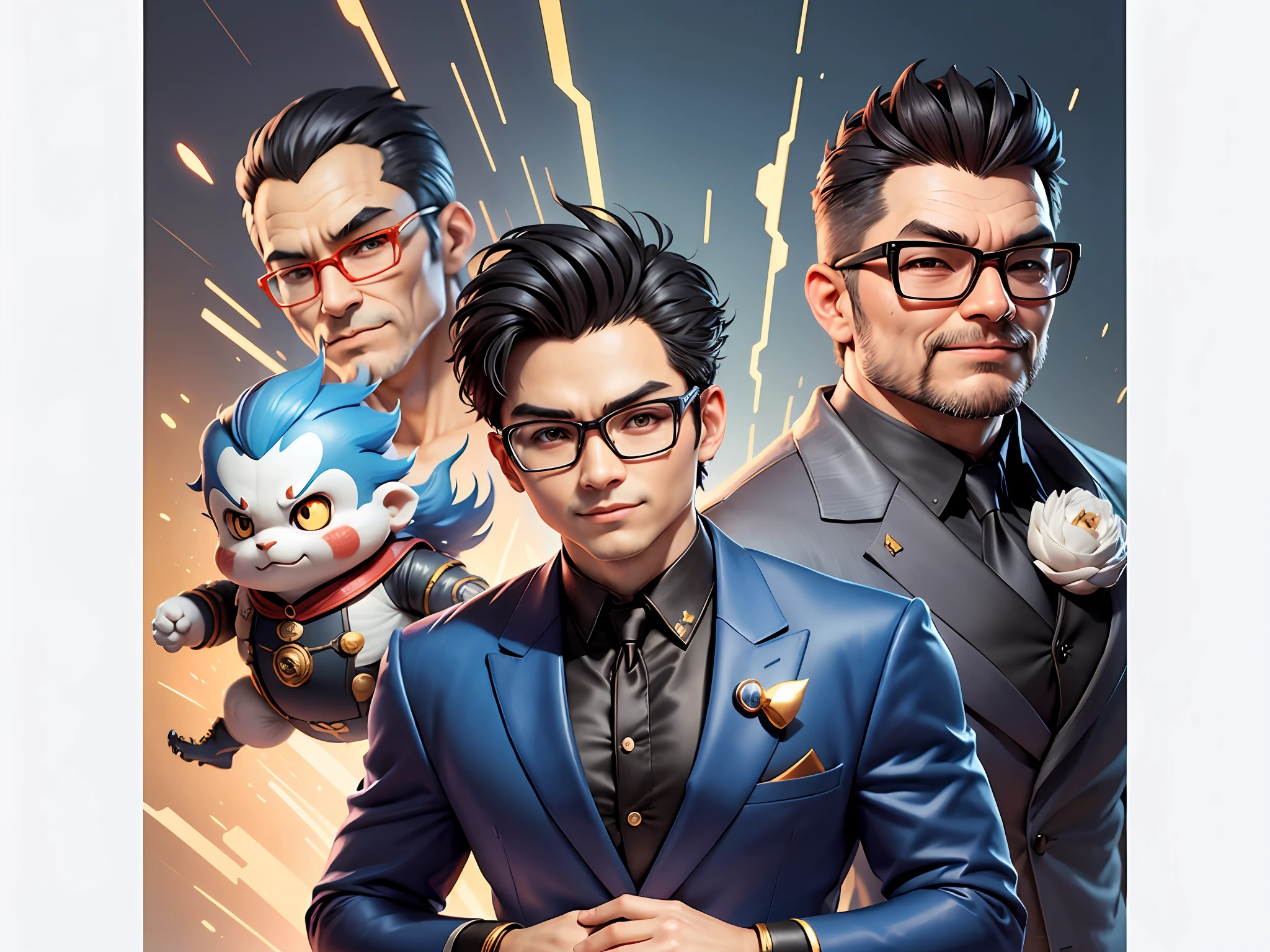 (Masterpiece), (Extreme Quality), (Super Meticulous), (Full Body: 1.2), Super Young Man, Chinese Dragon, Tiger, Wind God Thor, Sexy, Bursting, Oriental Face, TV Anchor, Bust Portrait Illustration, Black Formal Suit, Blue Tie, Slightly Chubby Face, Silver Glasses, Very Clean Face, No Beard on Chin, Black Super Short Hair, Black Eyes, Confident Smile, 3c Computer Sub-Products, iPad, iPhone, Digital Painting, 3D Character Design by Mark Claireden and Pixar and Hayao Miyazaki and Akira Toriyama, The illustration is a high-definition illustration in 4K resolution with very detailed facial features and cartoon-style visuals.