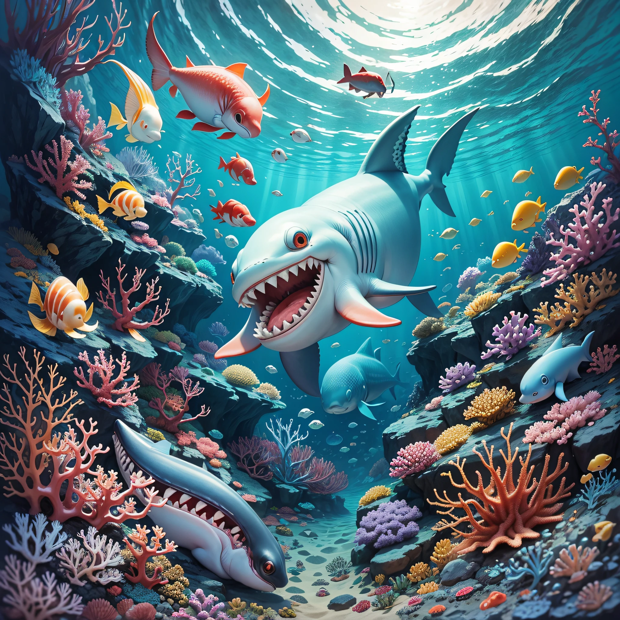 Ocean, coral, big shark open mouth to eat small fish, red cute little crab, huge octopus and squid, many creatures surround small crabs, injured little shrimp and small fish, shining pearls and shells, underwater battles, non-anthropomorphic --auto --s2