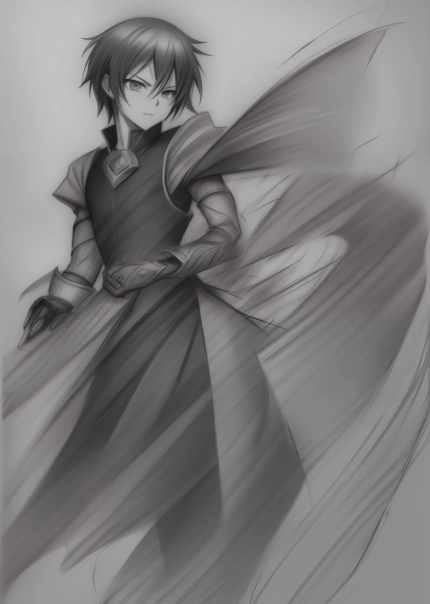 (((black and white drawing, line art, (sketch))))), (anime), highres, (masterpiece), (best quality), official art, hdr, handsome man, short hair, tunic, long gloves, magically manipulating liquid, by Yoshitaka Amano