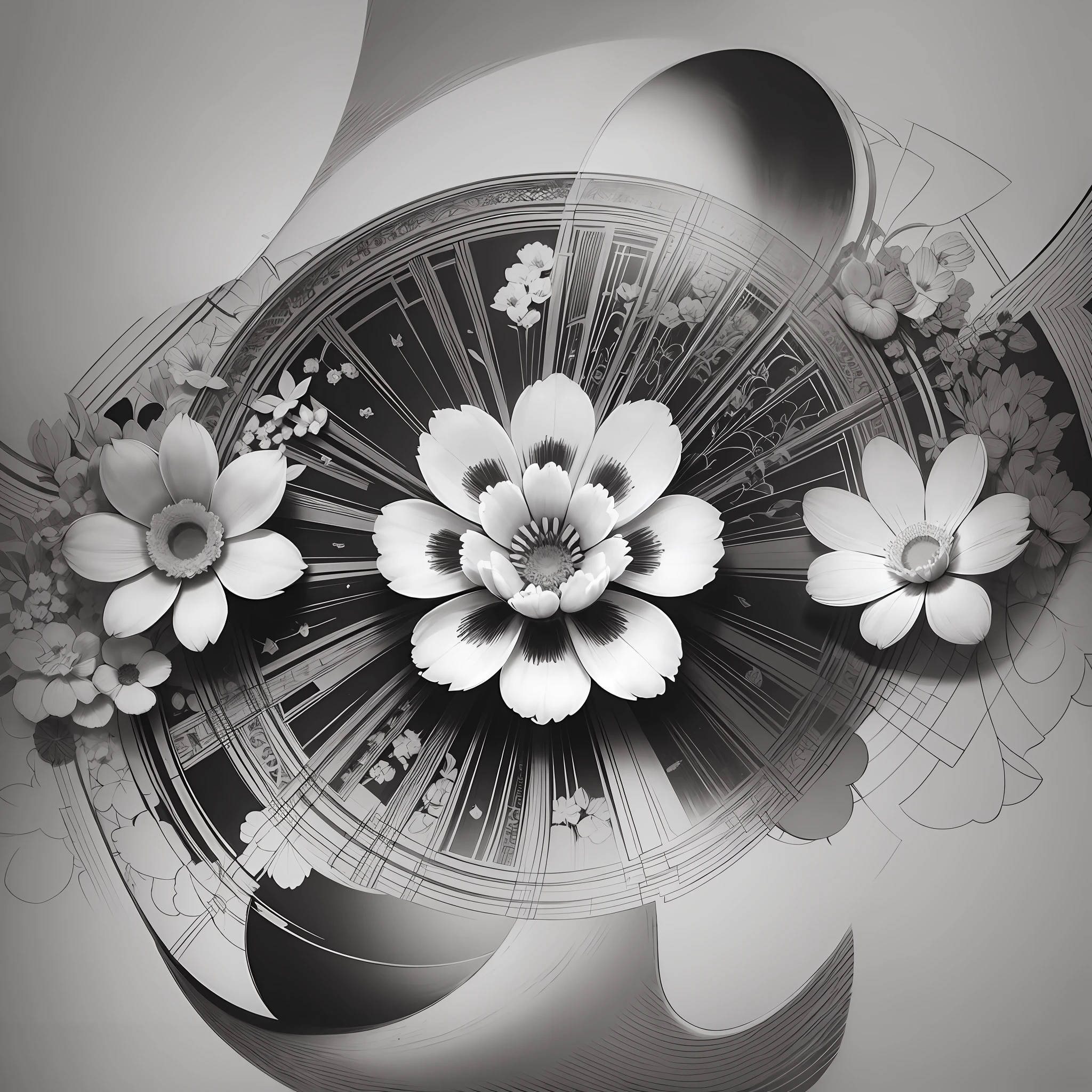 White background, line drawing flowers, line drawing, monochrome, baroque, fine petals, lines --auto --s2