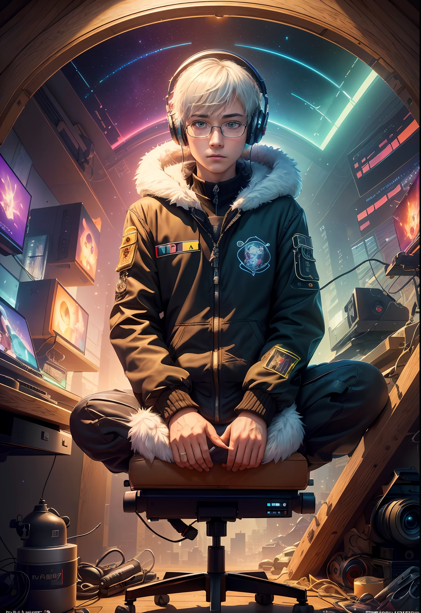 Masterpiece, Best Illustration, Solo, Multiplayer, Handsome Glasses-kun, White-haired Boy, Blonde Girl, Seated, Keyboard \ (Computer \), Fur Decoration, Computer, Monitor, Hood, Jacket, Hood Down (Chair, Headphones, City, Instrument, Cyberpunk, Wooden Toys,\(\(Intricate Details\)\), Color Details, Rainbow Color BREAK, \(\(Best Quality of Masterpiece\)\), 4K, Ultra Detail, Detailed Lighting, \((Inspired by Hayao Miyazaki)\), Official Art, Propaganda art, composition, a giant mirror ball floating in space, twinkling lights, sad lost, particles in the air, intricate fractals, detailed, (illustration), masterpiece, high resolution, best quality. Illuminate people, colorful, master composition, focus on key figures, realism, masterpiece, award-winning, best quality, masterpiece, ultra-detailed, 8K, extremely detailed CG Unity 8k wallpaper, complex, highly detailed, realistic