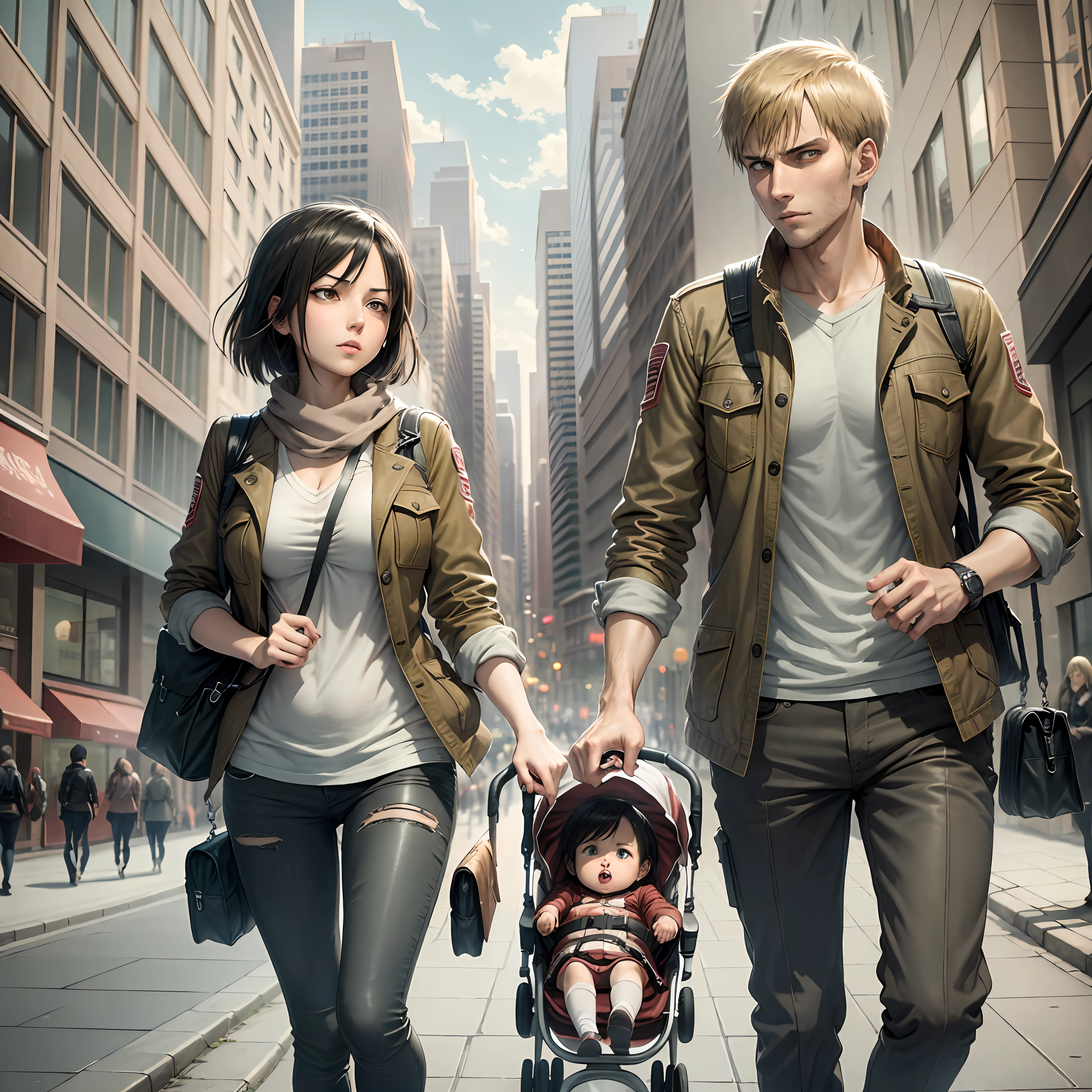 Mikasa Ackerman and Jean Kirstein walking together hand in hand in the city with their baby in the stroller. last chapters of Attack on Titan. Create the scenario couple, Mikasa Ackerman and Jean Kirstein strolling in the city, anime style Attack on Titan