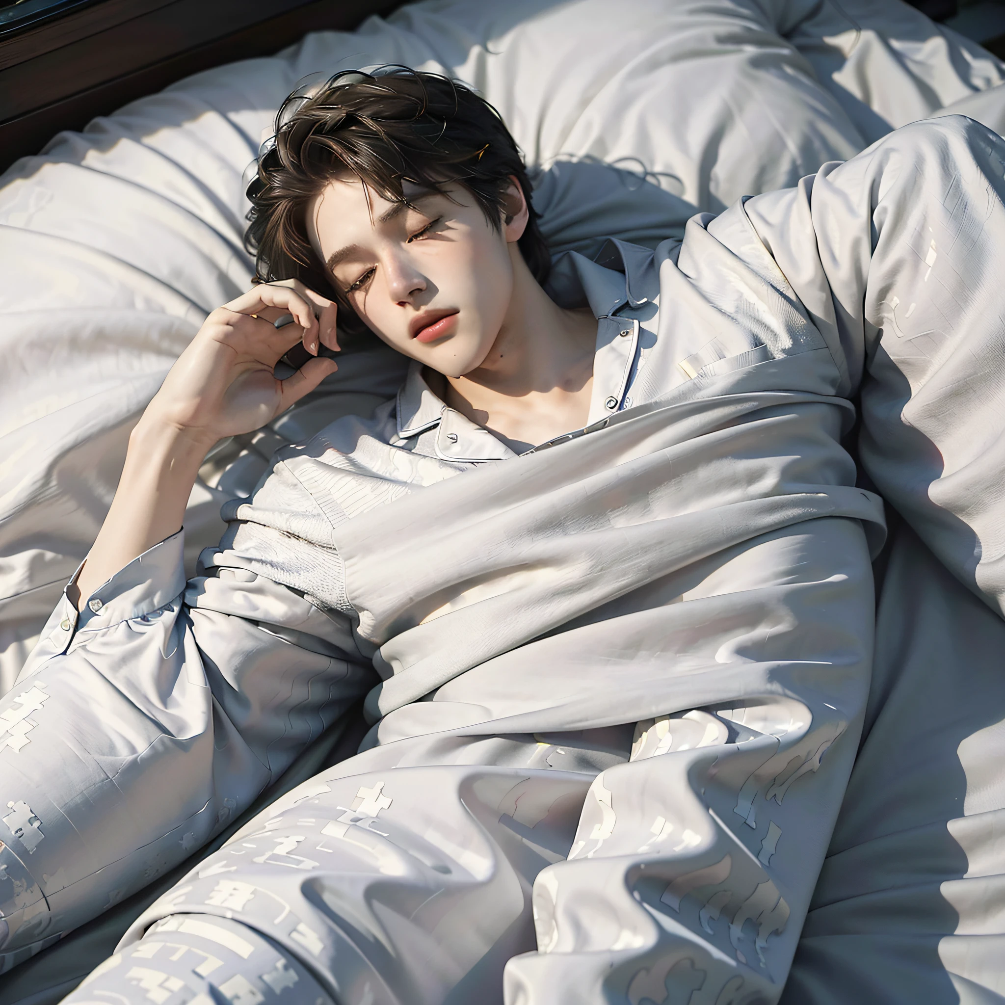 A boy sleeps with his eyes closed ((top quality, 8k, masterpiece: 1.1)) Korean hyper-realism), (illustration), (high resolution), (8K), (extremely detailed), (best illustration), (best quality), (ultra-detailed), (masterpiece), (wallpaper), (detailed face), solo, ((pajamas)), ((cell phone))), (sleep), ((in bed))