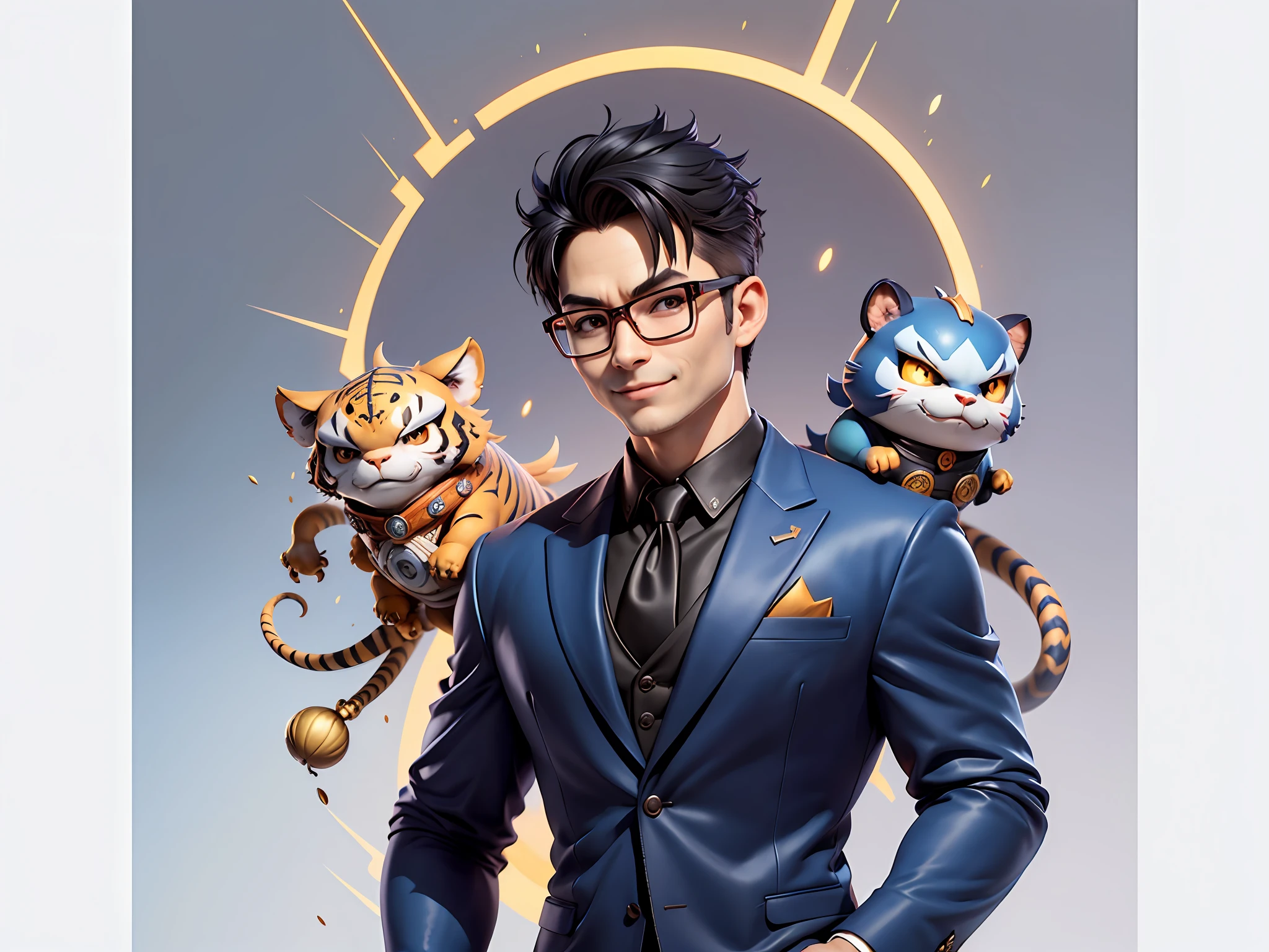 (Masterpiece), (Extreme Quality), (Super Meticulous), (Full Body: 1.2), Super Young Man, Chinese Dragon, Tiger, Wind God Thor, Sexy, Bursting, Oriental Face, TV Anchor, Bust Portrait Illustration, Black Formal Suit, Blue Tie, Slightly Chubby Face, Silver Glasses, Very Clean Face, No Beard on Chin, Black Super Short Hair, Black Eyes, Confident Smile, 3c Computer Sub-Products, iPad, iPhone, Digital Painting, 3D Character Design by Mark Claireden and Pixar and Hayao Miyazaki and Akira Toriyama, The illustration is a high-definition illustration in 4K resolution with very detailed facial features and cartoon-style visuals.