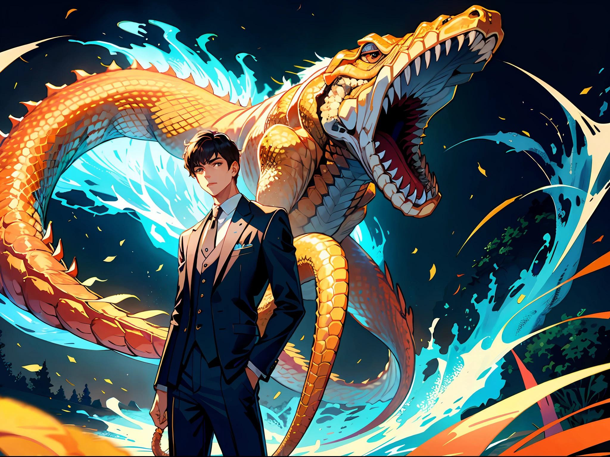 HD clear, best images, illustration quality, super detailed, a handsome teenager standing with a translucent giant python monster behind him