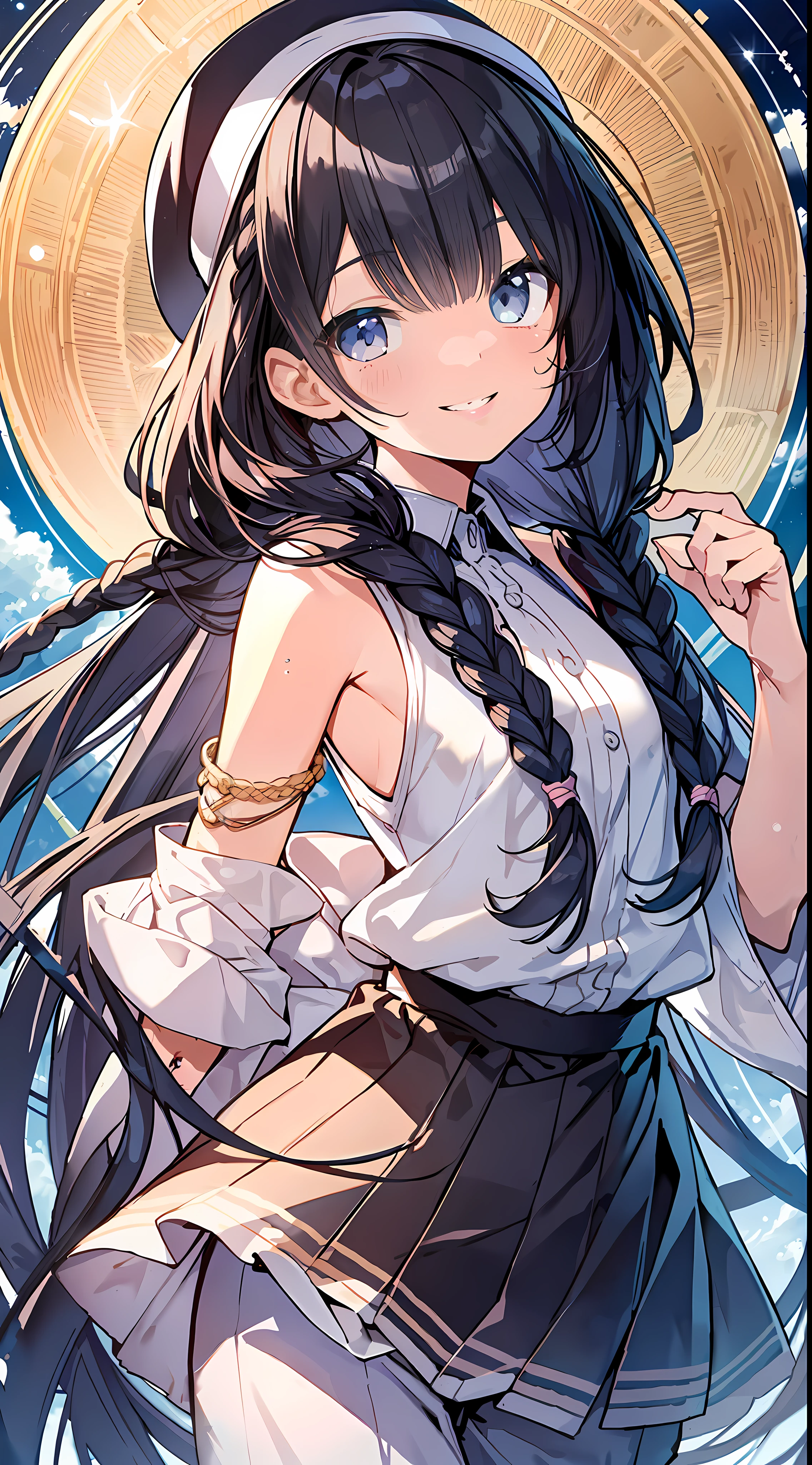 Top Quality, Masterpiece, Ultra High Definition, 8K, Summer Sky, Early Summer, (Hat, Wide Pants, Sleeveless), Shojo Manga Style Loli, One, Soft Line Art, Digital Enhancement, Shojo Manga Touch, Shojo Manga Core, Flowing Fabric, Close Up, (Hair length to shoulders and short braids)), Wet hair, Soft drawing, Fluffy, Soft, Beautiful black hair, Clear eyes, (( Teasing smile)), ultra-detailed digital anime art, clear face depiction, ultra-detailed shoujo manga character art, clear facial features, ultra-detailed manga style, top quality colors, hand gestures, looking up at the sky, foot-up angle, zentangle: 1.3