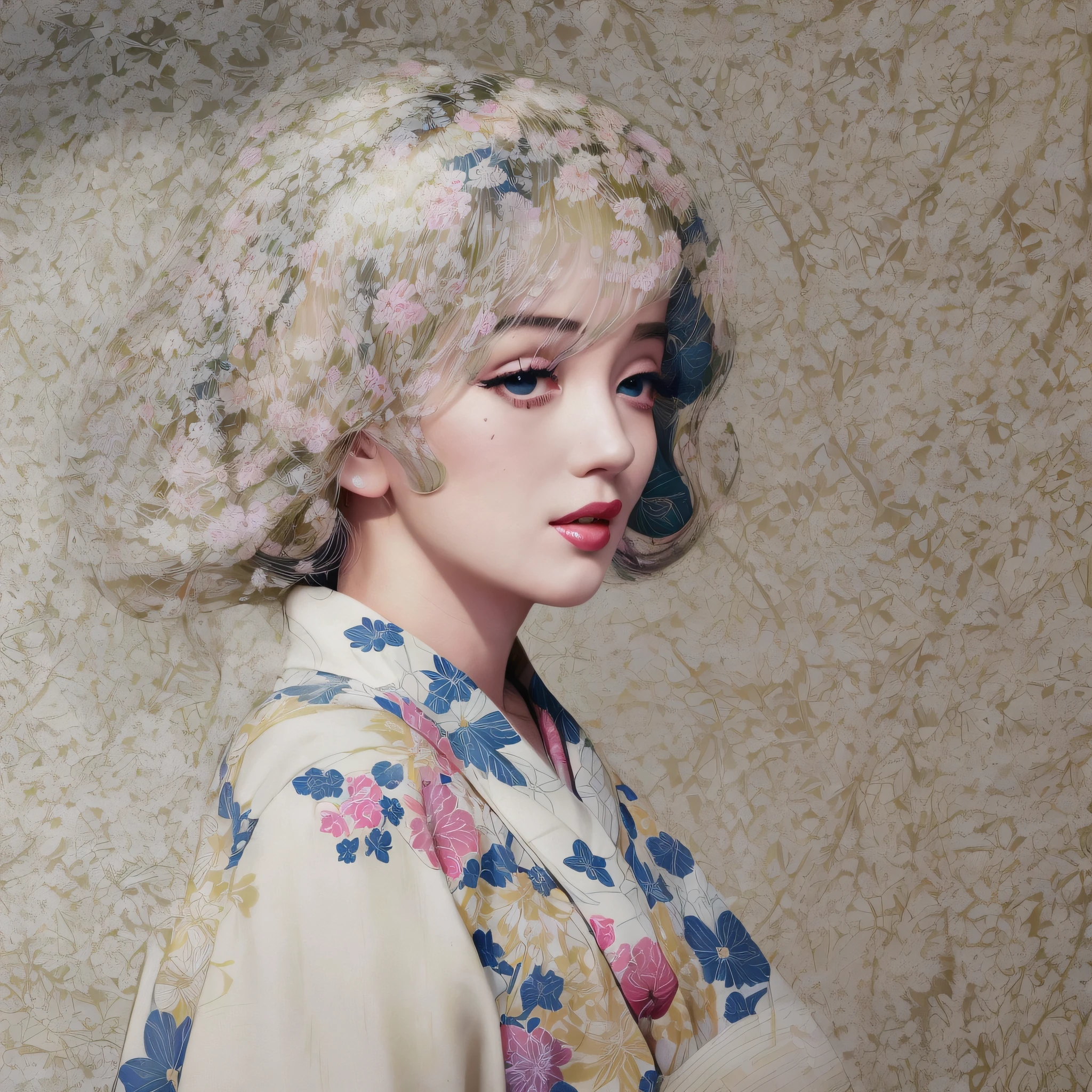 Alafo woman in kimono with flowers in her hair ((face of beautiful Marilyn Monroe: 1.2)), Japanese style, kimono, kimono, traditional person, model, kimono, Japanese style, hanf, Shinsui Ito, Japan kimono, wearing kimono, white hanf