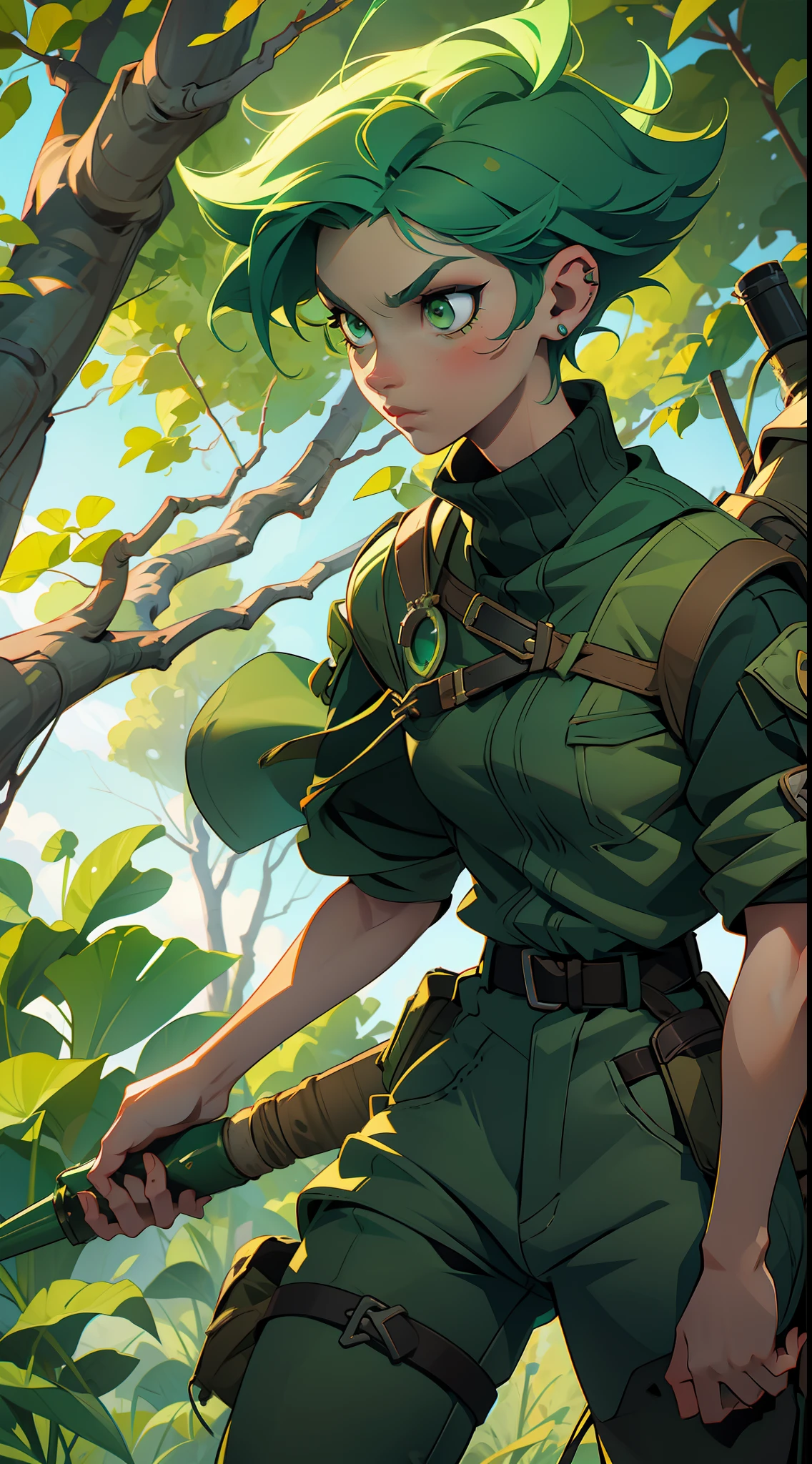 A fierce and independent ranger  with short green hair and piercing green eyes, who lives a life of adventure in the wild"