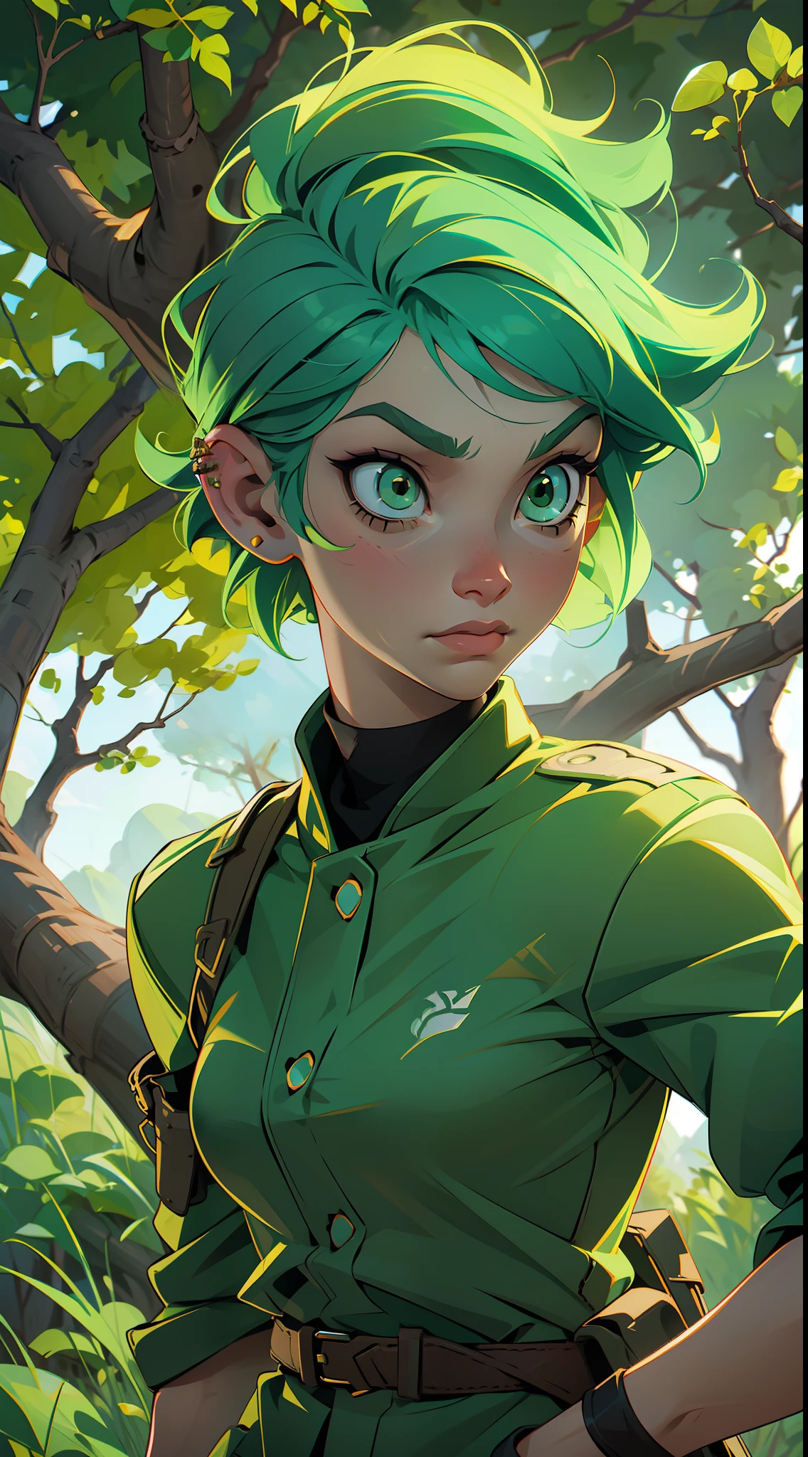A fierce and independent ranger  with short green hair and piercing green eyes, who lives a life of adventure in the wild"