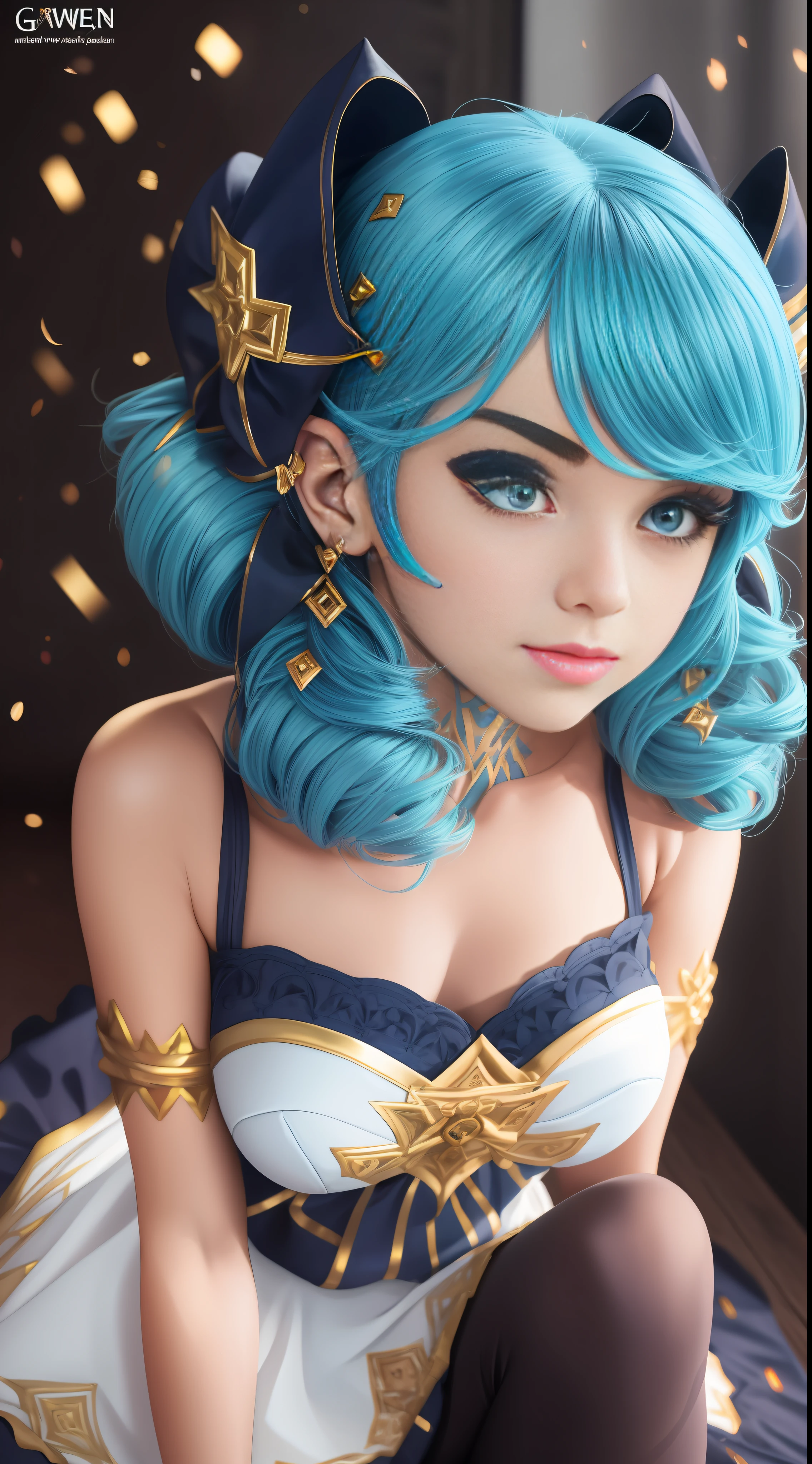 (medium head) perfect face, Beautiful face, extremely detailed eyes, beautiful eyes, medium eyes, portrait, anime girl, sexy pose, kneeling, solo, 1girl, short wavy hair, angry look, smile, drill hair, gwen, blue hair, best quality, masterpiece, white dress, hair ornament, bow, lying down, gloves, black tights, perfect lighting,