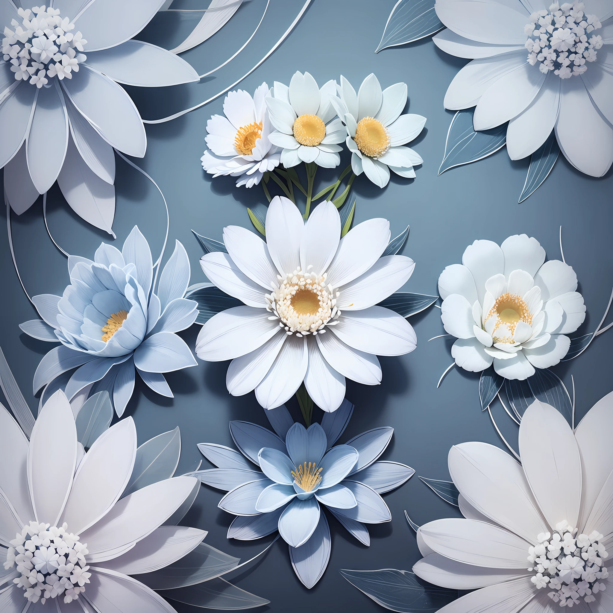 White background, line drawing flowers, line drawing, delicate petals, texture, small fresh, fashionable, sky blue, baroque, simple white. --auto --s2