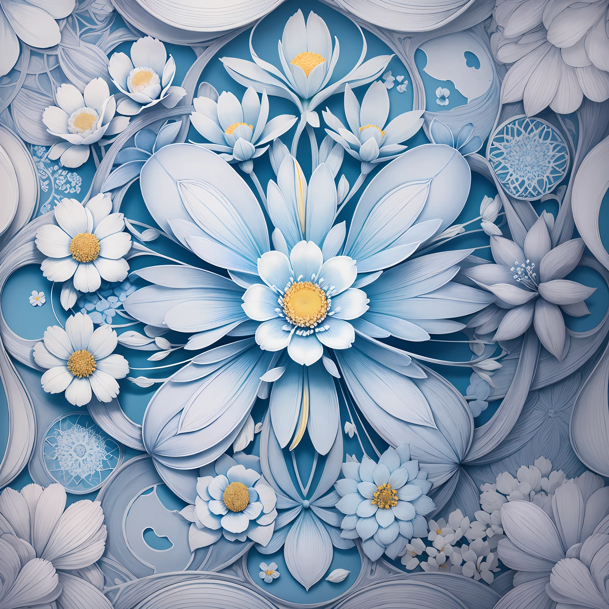 White background, line drawing flowers, line drawing, delicate petals, texture, small fresh, fashionable, sky blue, baroque, simple white. --auto --s2