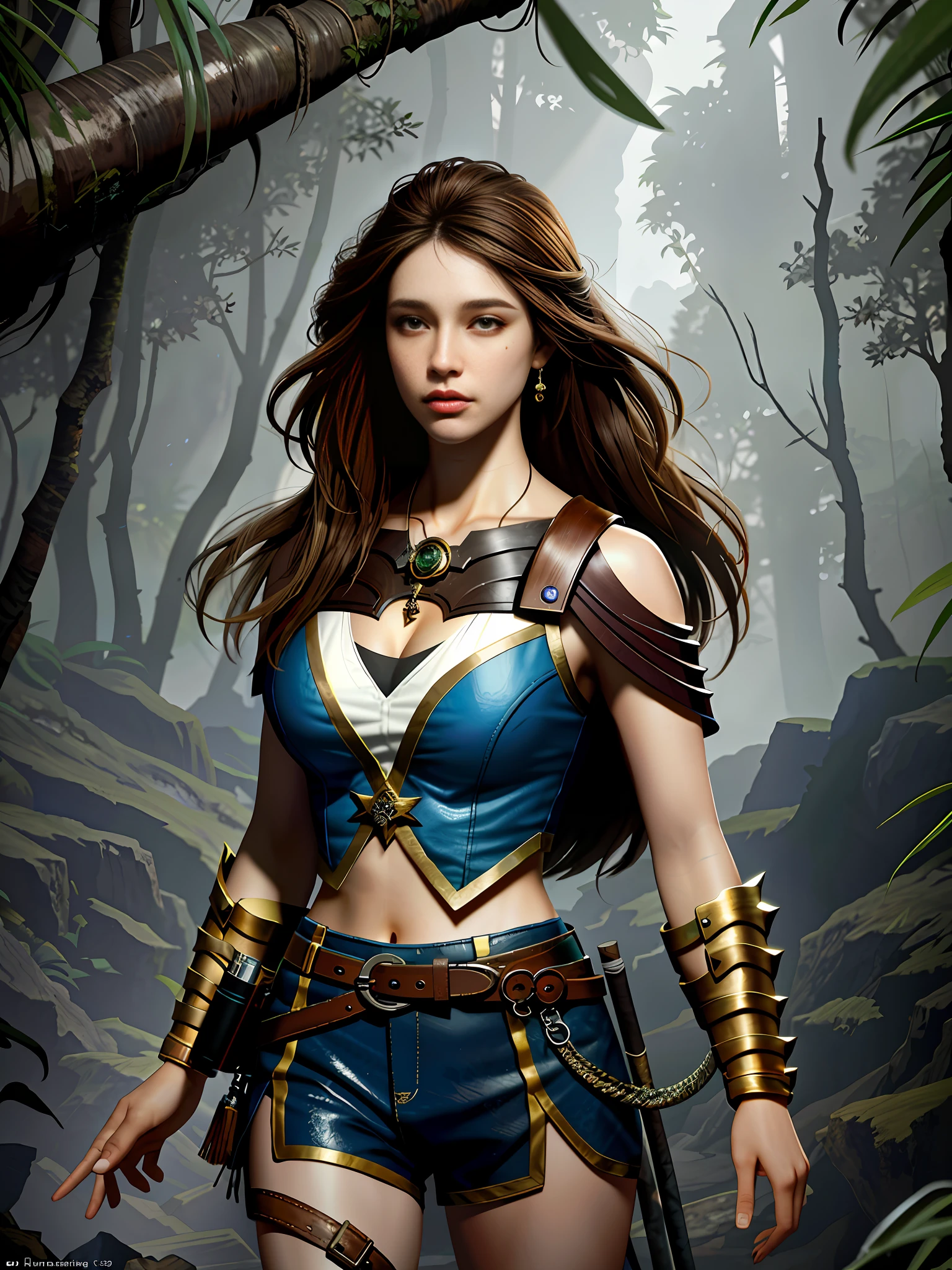 Half body angle, cave background, chiaroscuro lighting, Rembrandt lighting, huntress, wearing jungle costume, totems painted on face and arms, long brown hair, just right muscle lines, standing on the ground, heroic, realistic style, (8k, RAW Photo, Best Quality, Masterpiece: 1.2), (Fidelity: 1.3), (Real Skin Detail: 1.3), (Fidelity: 1.3), Detailed Facial Features, Super Detailed, Masterpiece, Realistic Lighting , best quality, masterpiece, best quality, highly detailed CG unity 8k wallpaper, at artstation