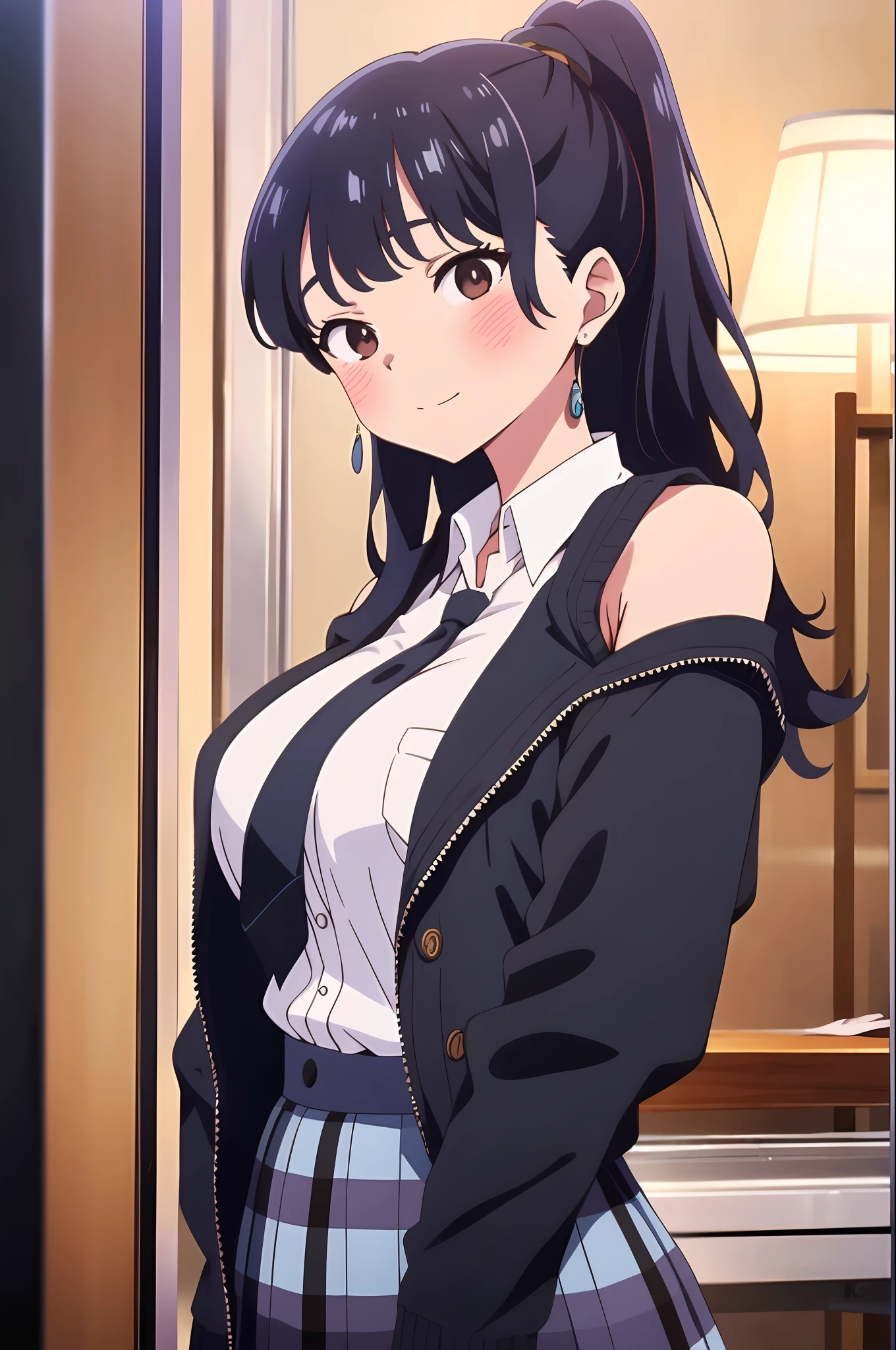 Anna yamada, school uniform, large breast, 1girl, ponytail, black hair, plaid, long hair, solo, brown eyes, blush, breasts, bangs, closed mouth, bare shoulders, highest quality, high resolution.