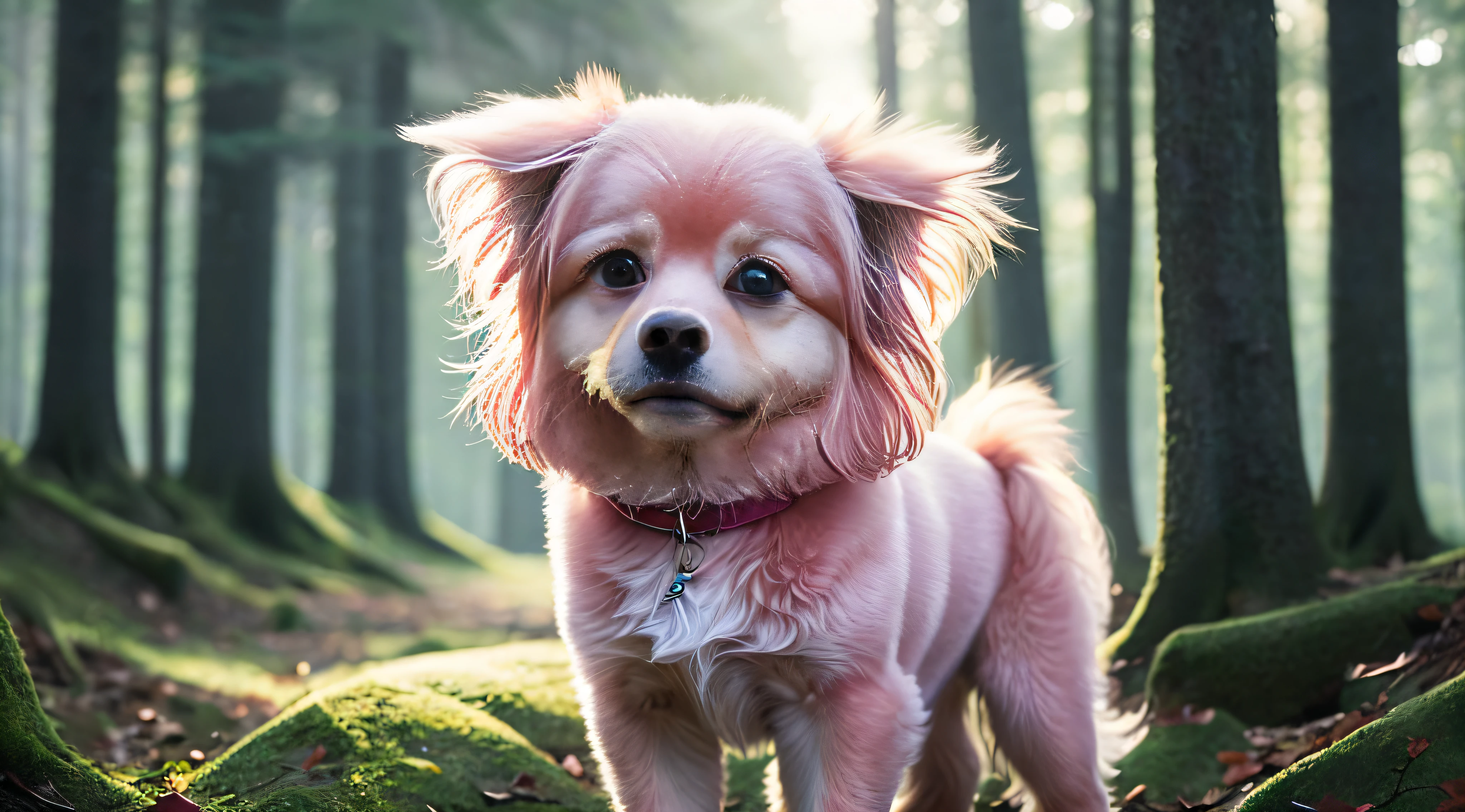 Close-up photo of a very cute pink dog in the woods, pink, soft volumetric lighting, (backlight: 1.3), (video: 1.2), intricate detail, (ArtStation: 1.3), rutkowski, smile,