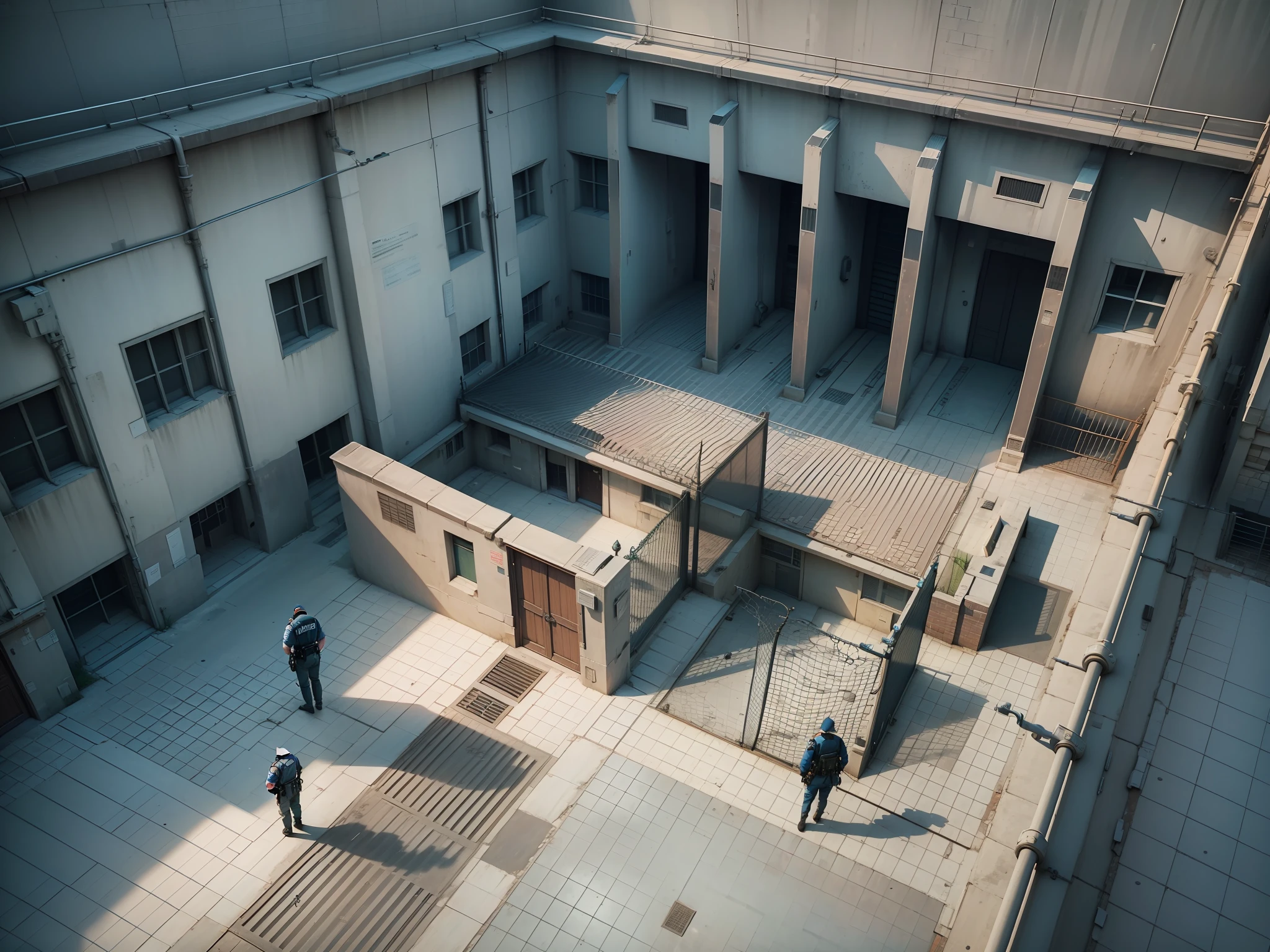 Cells, prisoners, walls, iron gates, bars, patrolling police, surveillance cameras, fences, prison signs, ray tracing, three sided view, from above, UHD, anatomically correct, masterpiece, ccurate, super detail, best quality, 8k --auto --s2