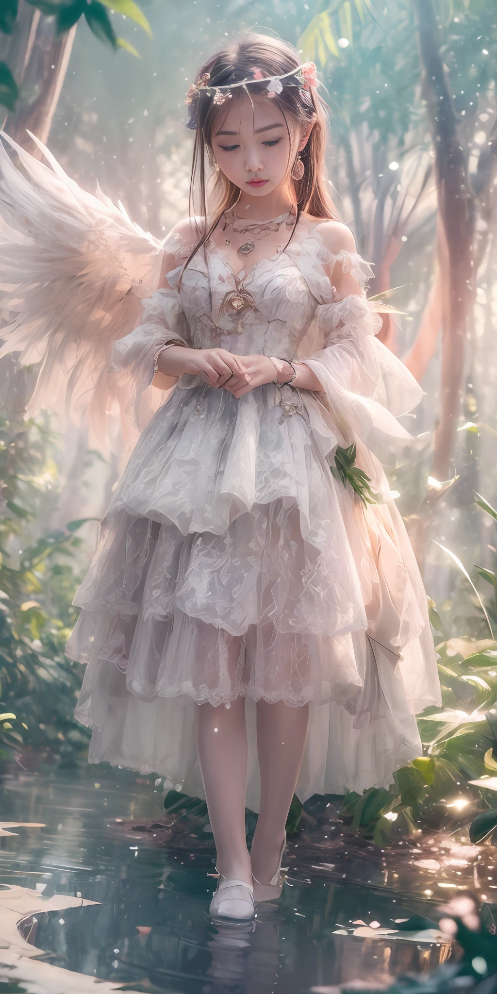 (best quality, masterpiece, high resolution, glow, flood, lens glare, wide angle), sunlight, full body, 1 [Chinese|Russian|Japanese|Korean] girl, solo,((mei red:1.1) clothes), necklace, jewelry, long hair, earrings, super delicate face, beautiful face, perfect hands,full face blush, (perfect eyes) and ( long eyelashes: 1.4), glowing pupils, looking at viewer,(white stockings: 0.9), realism, (high detail skin: 1.2), 8k ultra hd, DSLR, high quality, volumetric lighting, frank, high resolution, 4K, 8K, background bokeh, dream forest, radiant garlic, feather drop effect, morning, foreground, f/16