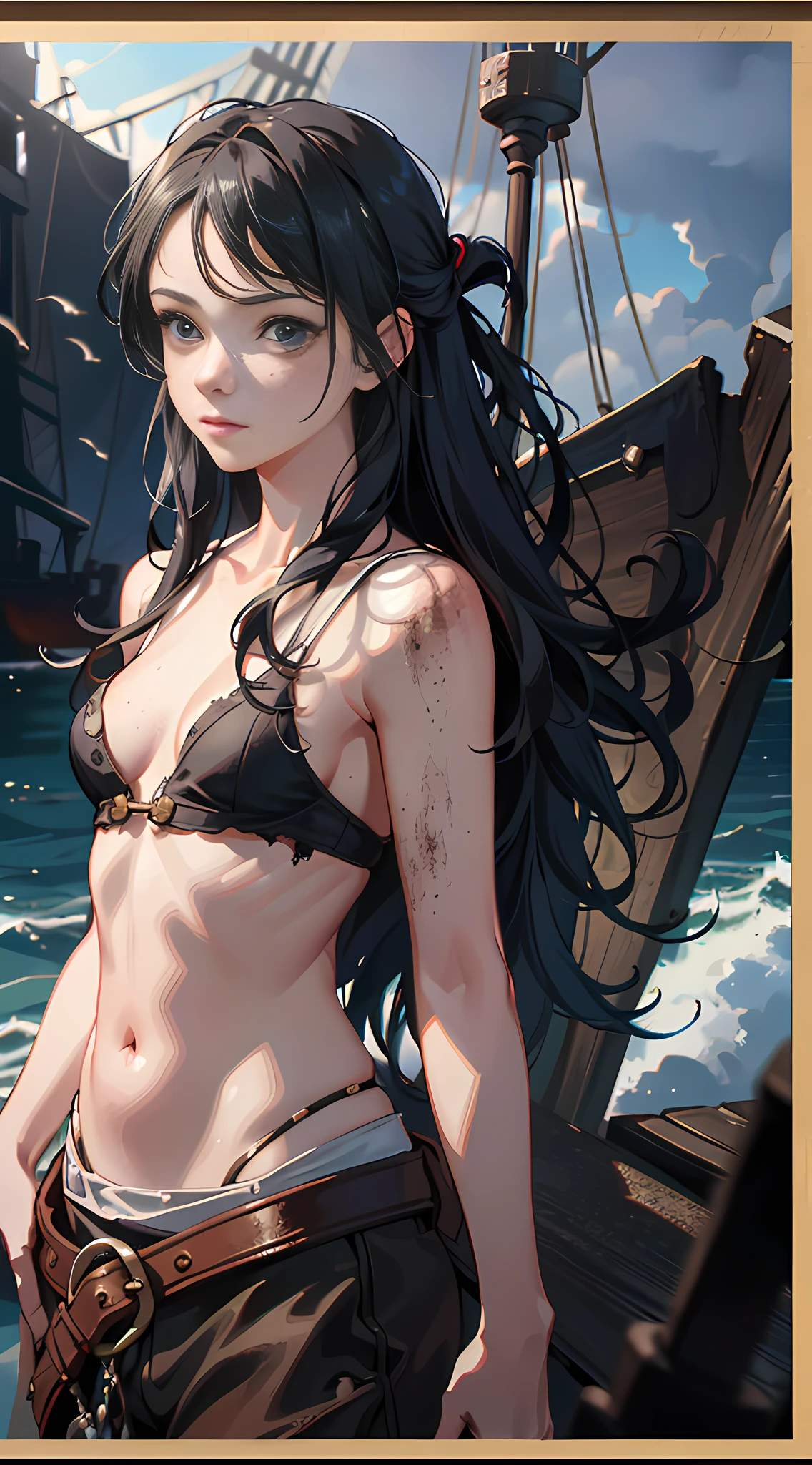 Dramatic lighting, high-quality film stills (charming Anne Bonnie, wearing dirty tattered pirate clothes, standing on the deck of a pirate ship moored in a Caribbean port), dirty, dark atmosphere, toned body, (torn clothes: 0.8), perfect face looking at the audience, [fine skin], [freckles], (dirty), (muddy), (storm cloud: 0.7), (storm weather: 0.5), dim natural light, (Direct light: 0.4), 8mm film grain, shot with Sony a9 II, 24mm lens, f/2.8 aperture, deep focus, (RAW), 8K, (stills from the lost pirate kingdom) (suitable pose)