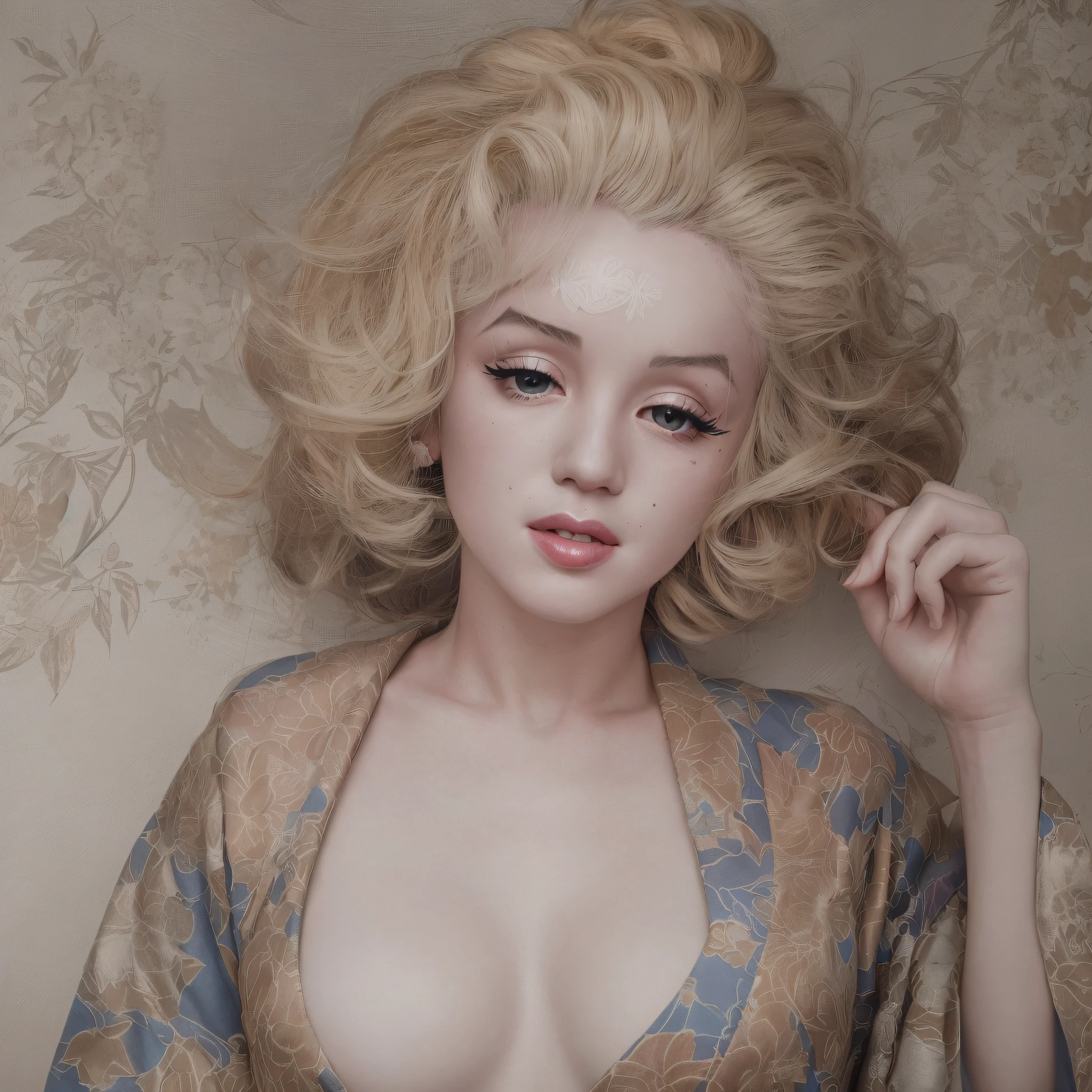 Alafo woman in kimono with flowers in her hair, ((Beautiful Marilyn Monroe face: 1.2)), Japanese style, kimono, kimono, traditional person, model, kimono, Japanese style, Hanf, Shinsui Ito, Japan kimono, wearing kimono, white hanf, slender body, bewitching pose, best quality, masterpiece, (adult: 1.6), (high definition skin: 1.4), (RAW photo, highest quality), (realistic, photorealistic:1.7), (sexual arousal, blush, rough breathing: 1.0)