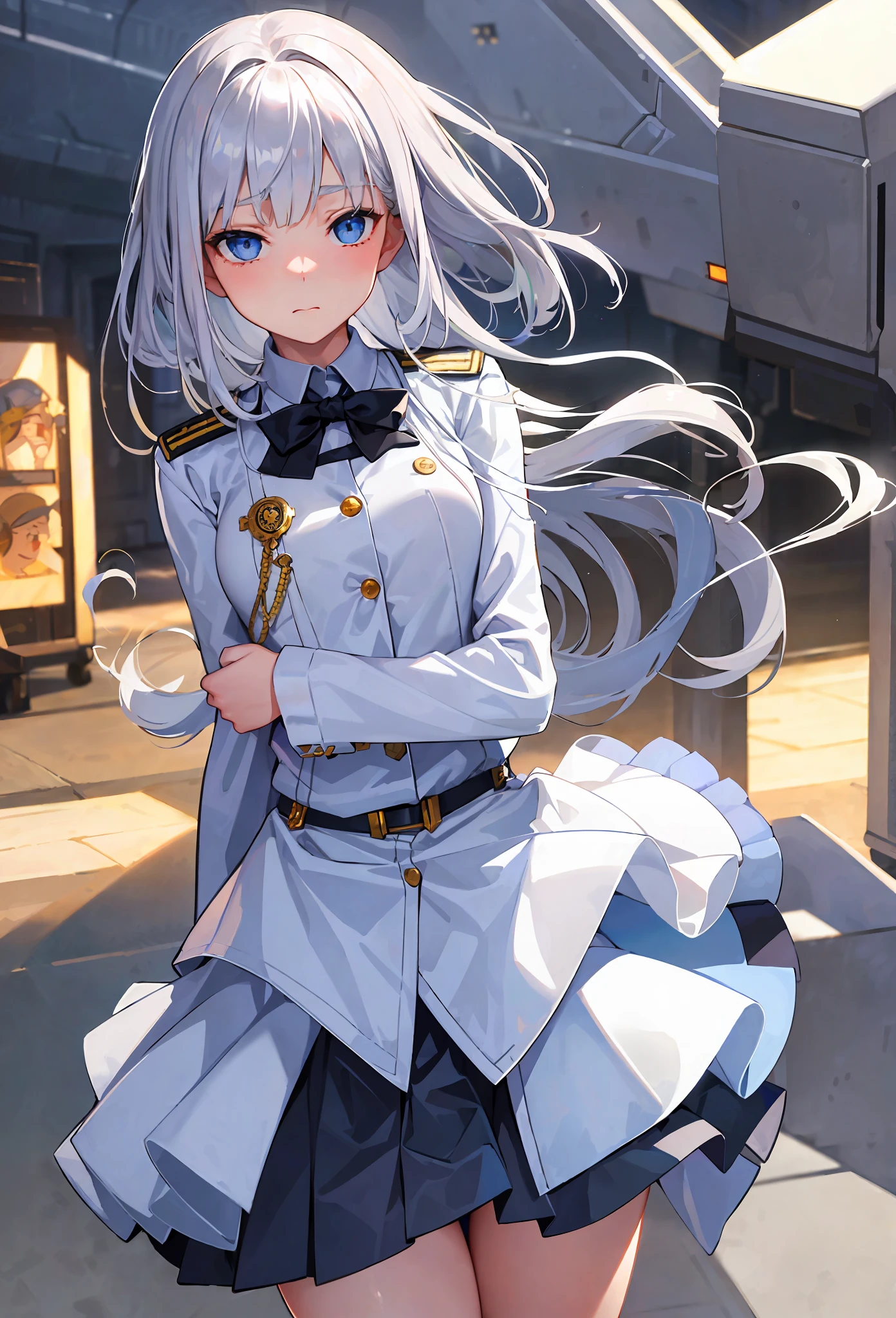 ((Masterpiece), Top Quality, Girl, (Uniform), Silver Shorthair, Blue Eyes, (Wind Deflected Skirt), White Panties, (Shy Face), (Shy Face), (Clear Face), Perfect Anatomy