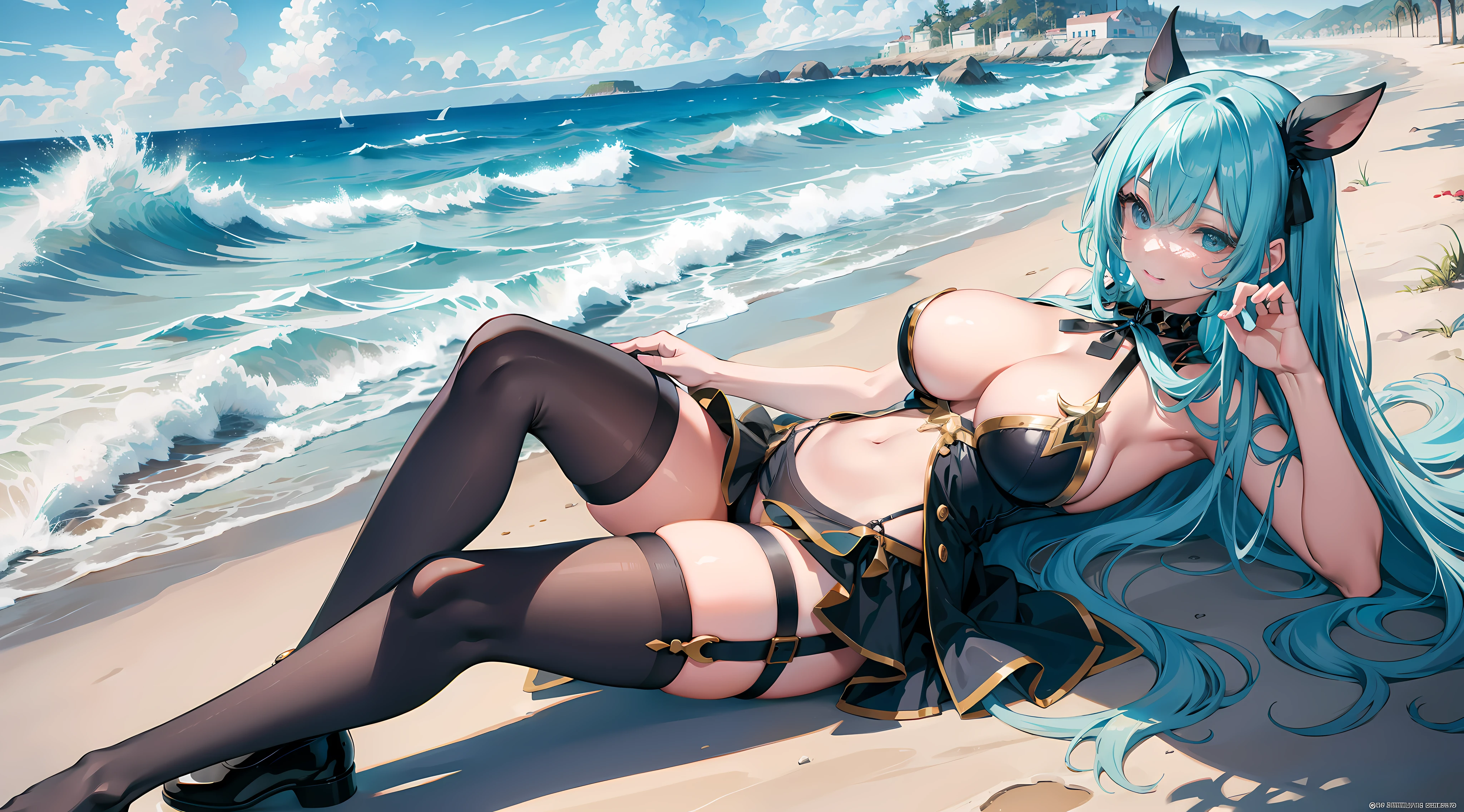 Anime beauty, playing by the sea, big breasts, black transparent stockings, naked herdsman