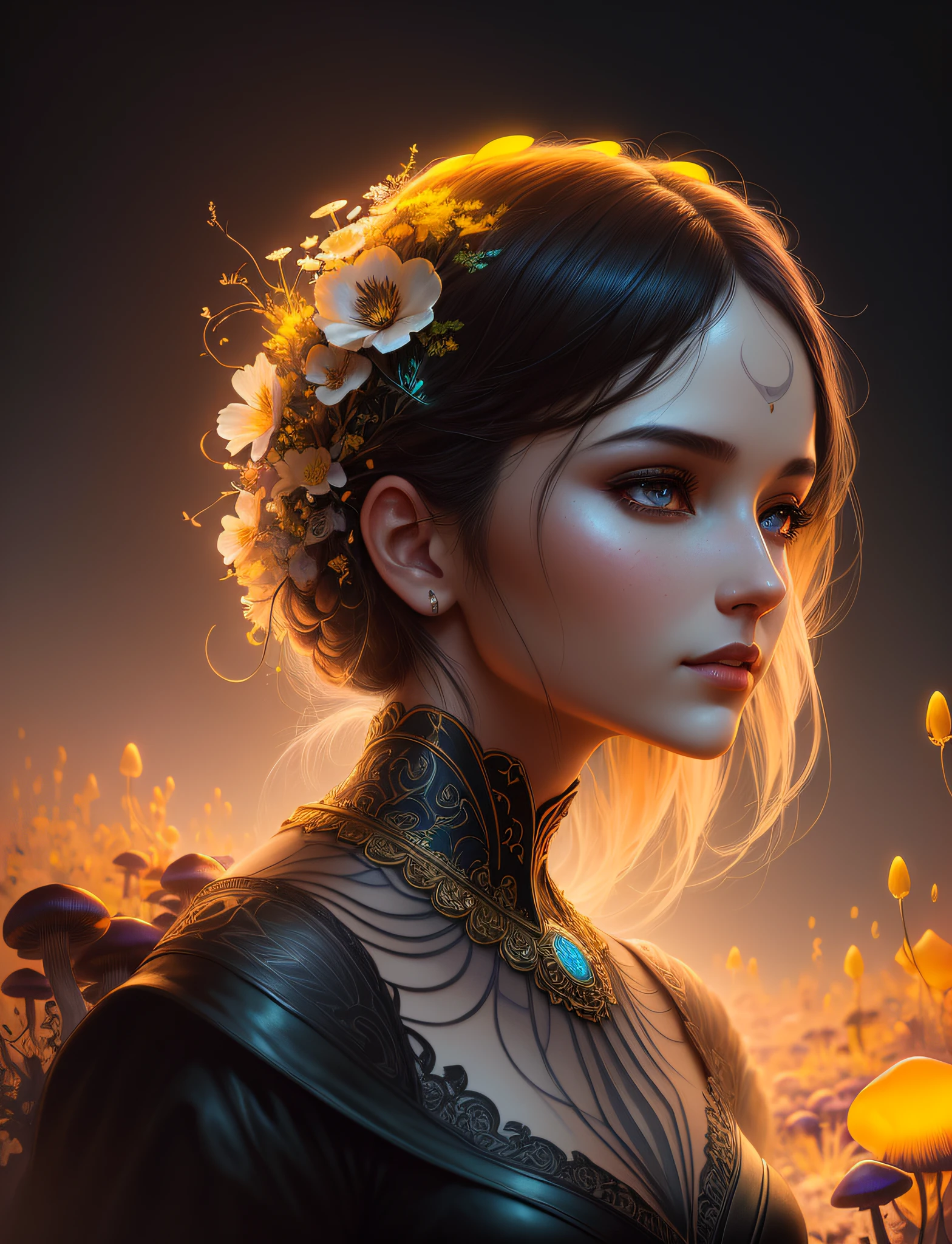 mushrooms and flowers,  ultra detailed artistic photography, midnight aura, night sky, dreamy, glowing, backlit, glamour, glimmer, shadows, oil on canvas, brush strokes, smooth, ultra high definition, 8k, unreal engine 5, ultra sharp focus, art by alberto seveso, artgerm, loish, sf, intricate artwork masterpiece, ominous, matte painting movie poster, golden ratio, trending on cgsociety, intricate, epic, trending on artstation, by artgerm, h. r. giger and beksinski, highly detailed, vibrant, production cinematic character render, ultra high quality model