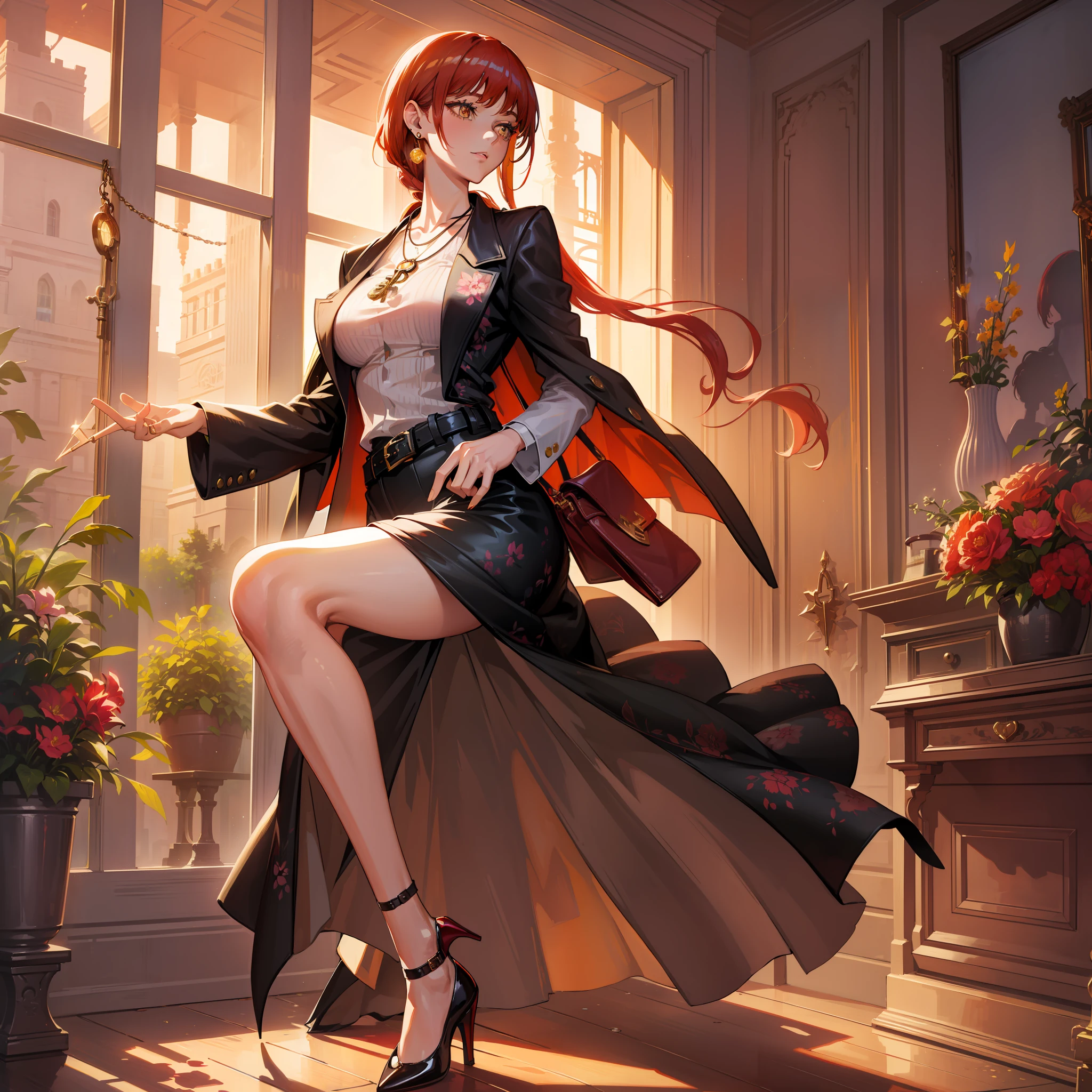 Makima, old fashion, elements, powers, retro dress, floral print, thin belt, tweed jacket, high heeled shoes, metallic details in the form of rays, necklace with antique key pendant, earrings with bright gems, handbag in neutral tone, (((sexy))), red hair, would be, near the camera, alone, 1 girl