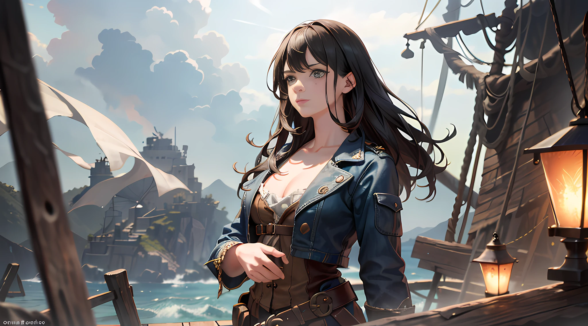 Dramatic lighting, high-quality film stills (charming Anne Bonnie, wearing dirty tattered pirate clothes, standing on the deck of a pirate ship moored in a Caribbean port), dirty, dark atmosphere, toned body, (torn clothes: 0.8), perfect face looking at the audience, [fine skin], [freckles], (dirty), (muddy), (storm cloud: 0.7), (storm weather: 0.5), dim natural light, (Direct light: 0.4), 8mm film grain, shot with Sony a9 II, 24mm lens, f/2.8 aperture, deep focus, (RAW), 8K, (stills from the lost pirate kingdom) (suitable pose)