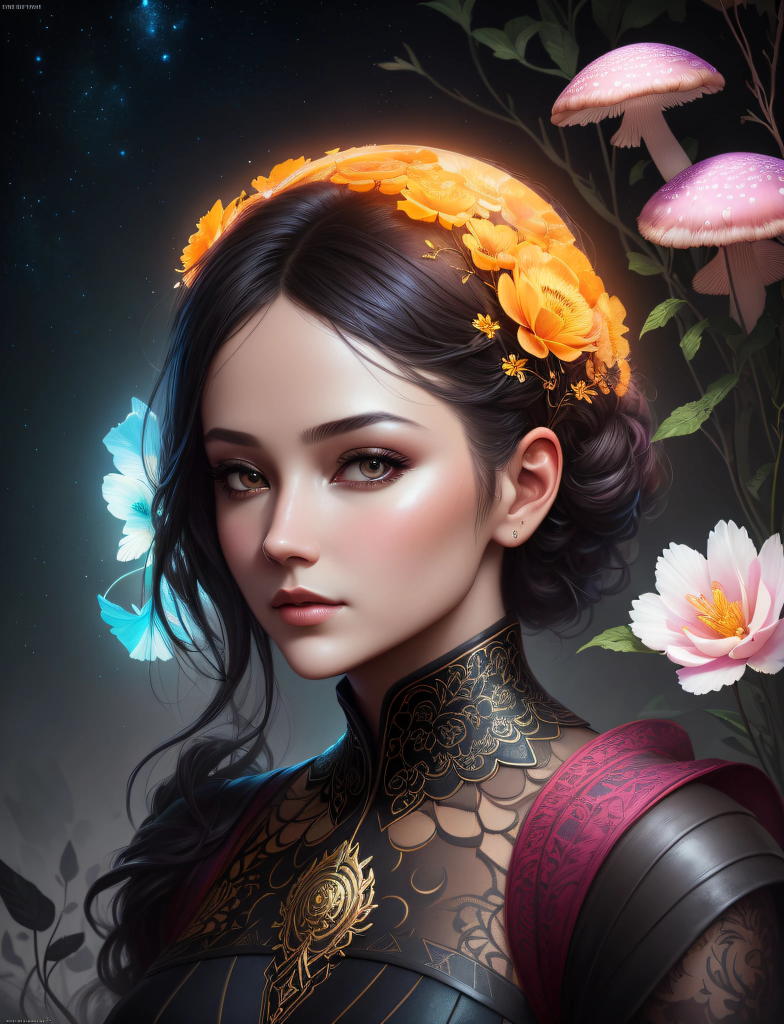 mushrooms and flowers, ultra detailed artistic photography, midnight aura, night sky, dreamy, glowing, backlit, glamour, glimmer, shadows, oil on canvas, brush strokes, smooth, ultra high definition, 8k, unreal engine 5, ultra sharp focus, art by alberto seveso, artgerm, loish, sf, intricate artwork masterpiece, ominous, matte painting movie poster, golden ratio, trending on cgsociety, intricate, epic, trending on artstation, by artgerm, h. r. giger and beksinski, highly detailed, vibrant, production cinematic character render, ultra high quality model