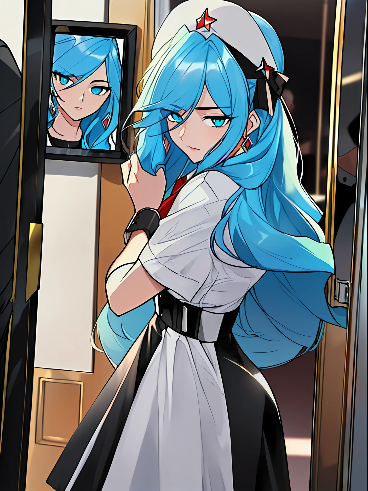 Blue backlight illuminating the jar-colored hair, cartoon-style illustrations with a children's theme featuring characters, warm color scheme, soft, high-quality images, details and accurate depictions, illuminated with originality that attracts the attention of the audience, striking poses and interesting activities, dark blue moon works, courage, leader, revolutionary, human rights activist and historian, (Hair color: Jar color and half color and flower green blue and blue gradient color, web color specified, purple hair color in the color of WEB color # A484A3 and # 843779)))), ((Hair color dyed in gradient color of WEB color # 007F89 and # 5AB5B2)))))), ((((hairstyle: long hair))), Avril, woman, high detailed hairstyle depiction, high detail hair depiction, Depiction of highly detailed eyes, large blue eyes, drooping eyes, bright expression, height 165cm, scale 1/20, highly detailed facial details, unique character design, not an ugly face, five fingers, symmetry, marble-like skin color, not an ugly body, two arms, two legs, Caucasian, ((male, masterpiece: 1.5)), watercolor ink Original drawing, story movie, movie, manga illustration, cute, adorable, detailed photorealistic, wallpaper pencil drawing, eyelashed eyes, synopsis: In the distant future, the once glorious developed country is facing catastrophe and is heading for destruction. People hated their country and accepted their desperate fate, while repeatedly acting like crazy. This story is a near-future science fiction about the tragedy of the people of that country walking to destruction, and the characters: Emilio Sanders: The protagonist is a sober and knowledgeable historian. Foreseeing the destruction of the country and facing its desperate reality. While possessing reason and insight, he faces the fate of a disgusting country and becomes an existence full of anguish. Avril Monroe: Emilio's best friend.  A human rights activist with a keen eye for corruption in the country. He continues to fight to u
