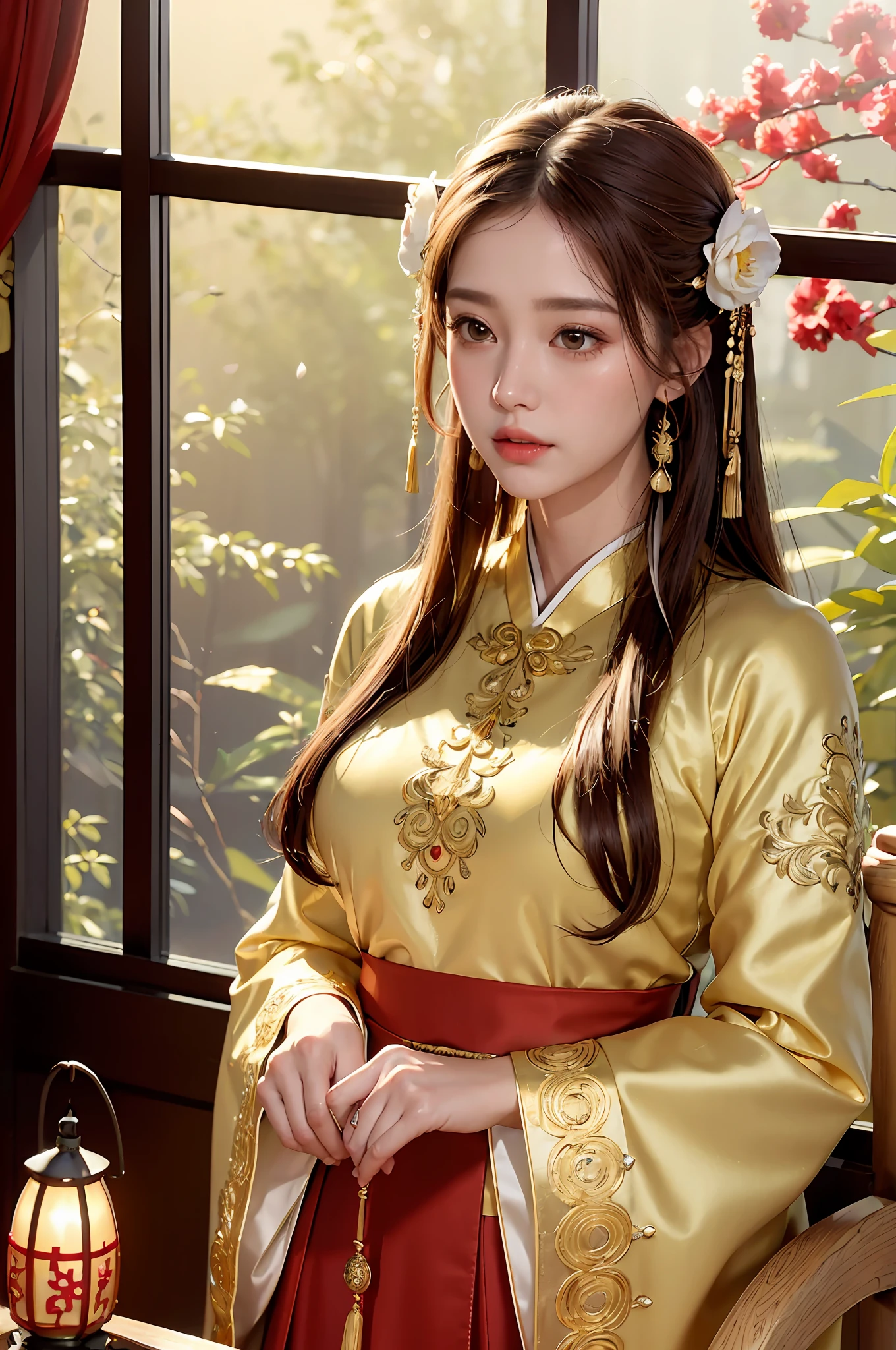 best quality, masterpiece, highres, (exquisite body:1.5),gorgeous face,(milky skin:1.3),intricate details,high resolution,wallpaper,
1girl, solo, nude, NFSW, hair ornament, (((gold and red dress))), flowers, long hair, brown hair, closed mouth, jewelry, long sleeves, hand up, wide sleeves, big eyes,floating hair, chinese clothes, hanfu, embroidery, long skirt, natural pose, falling petals, indoor,fanning, lantern,
16K,HDR,highres,depth field,(film grain:1.1),boken,golden hour,(lens flare),vignette,rainbowing,(color grading:1.5)