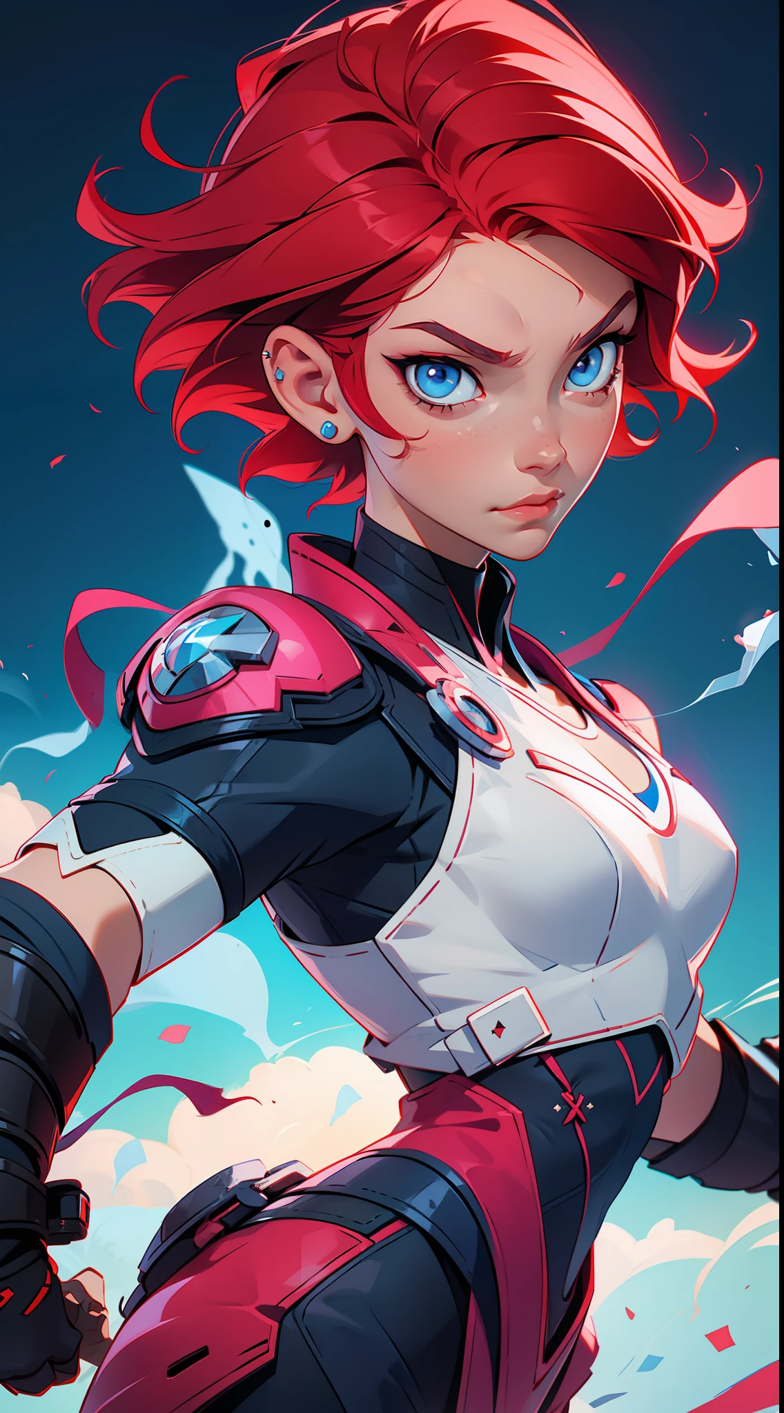 "A charismatic and ambitious leader with short red hair and piercing blue eyes, who fights to unite the people"
