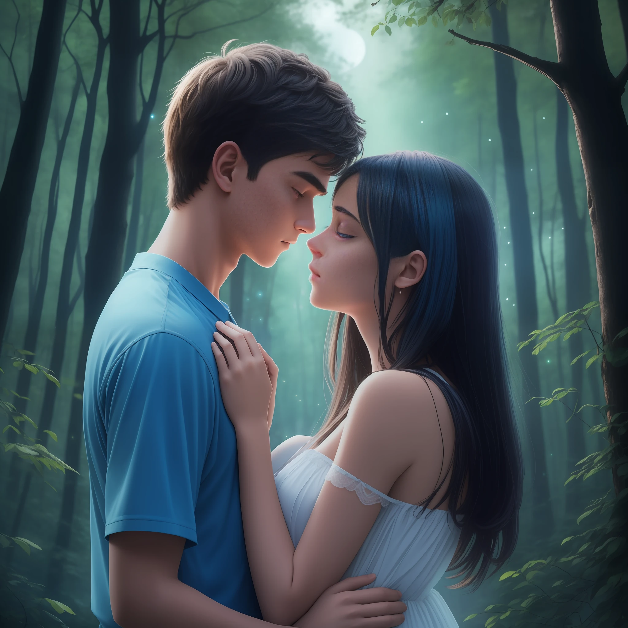 boy and girl kissing, amidst the woods, standing on an ancient rock, perfect body, beautiful face ,night, blue moon, dense forest, ultra high quality, fireflies, magical, mysterious, love, romantic, blue moon, photo realistic, silhouette, ultra hd, fireflies in the background,
