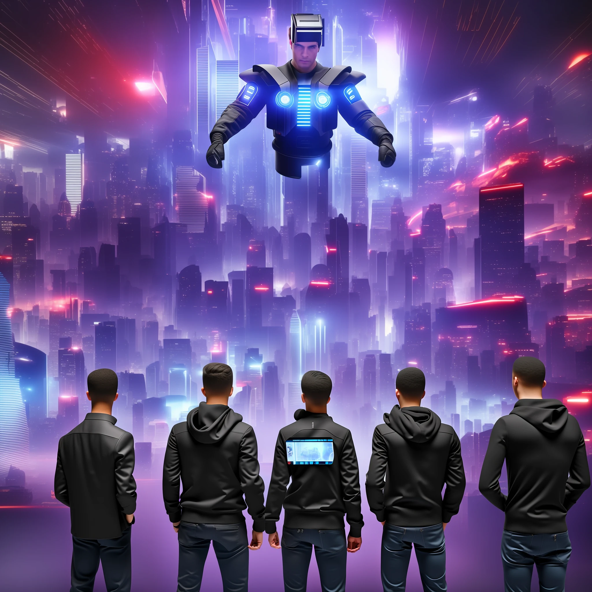 Futuristic cyberpunk style image: Lucas, Sofia and Diego presenting a prototype of their innovative product to a group of investors. They are standing in front of a giant screen, explaining the revolutionary features and benefits their creation will bring to the world. --auto --s2