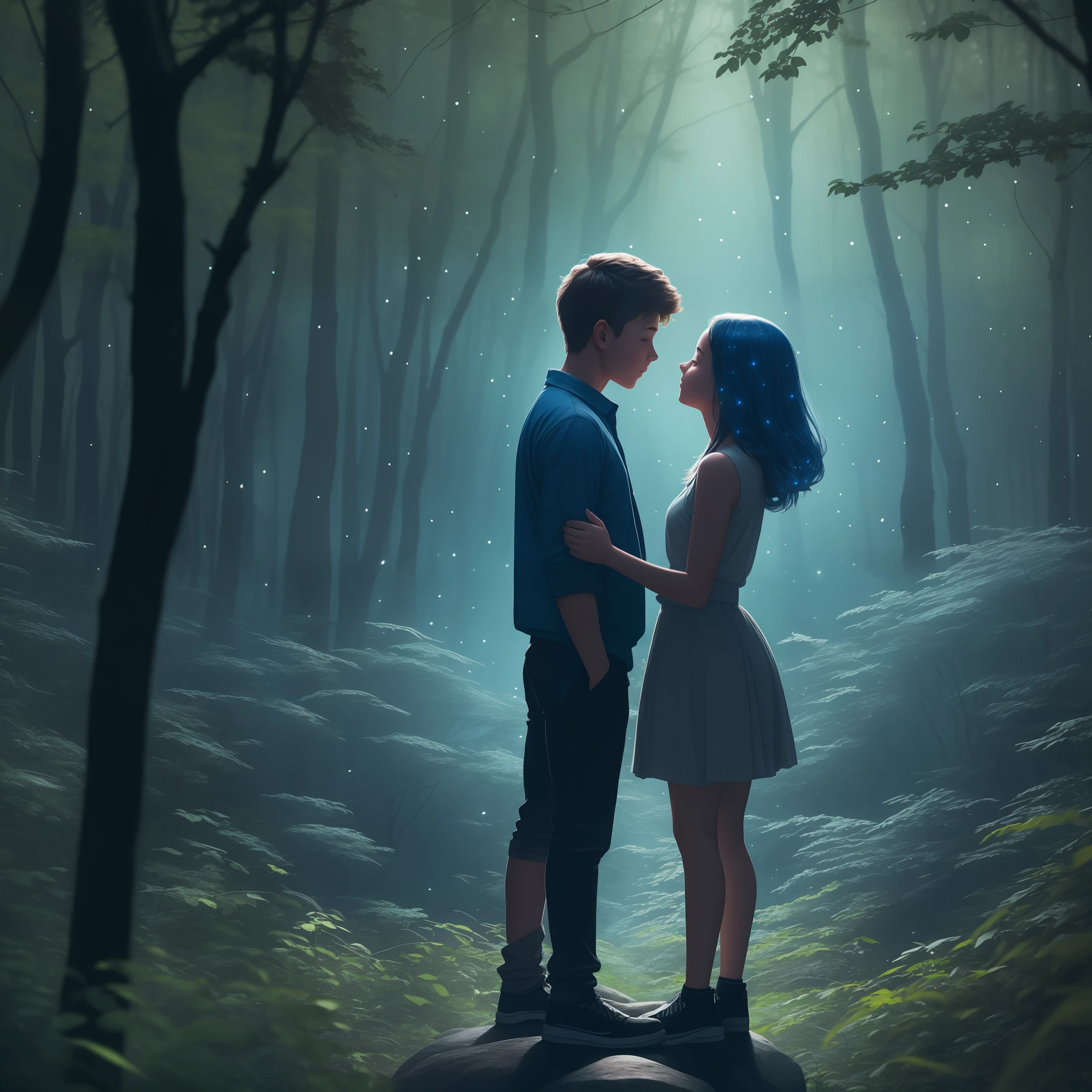 teenage boy and girl kissing, amidst the woods, standing on an ancient rock, perfect body, beautiful face ,night, blue moon, dense forest, ultra high quality, fireflies, magical, mysterious, love, romantic, blue moon, photo realistic, silhouette, ultra hd, fireflies in the background,