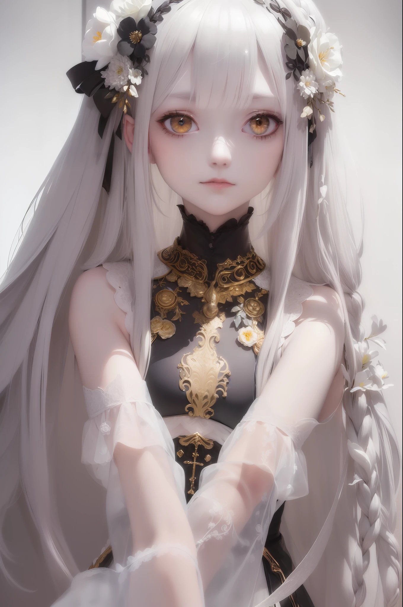 (((Excellent, Masterpiece))), Gray Hair, ((Golden Eyes)), ((Delicate Gothic White)), ((Slight Head-up)), Upper Body, ((Hair)), ((Fair Skin)), Side Braids, ((Flower-filled Prairie)), Sunny