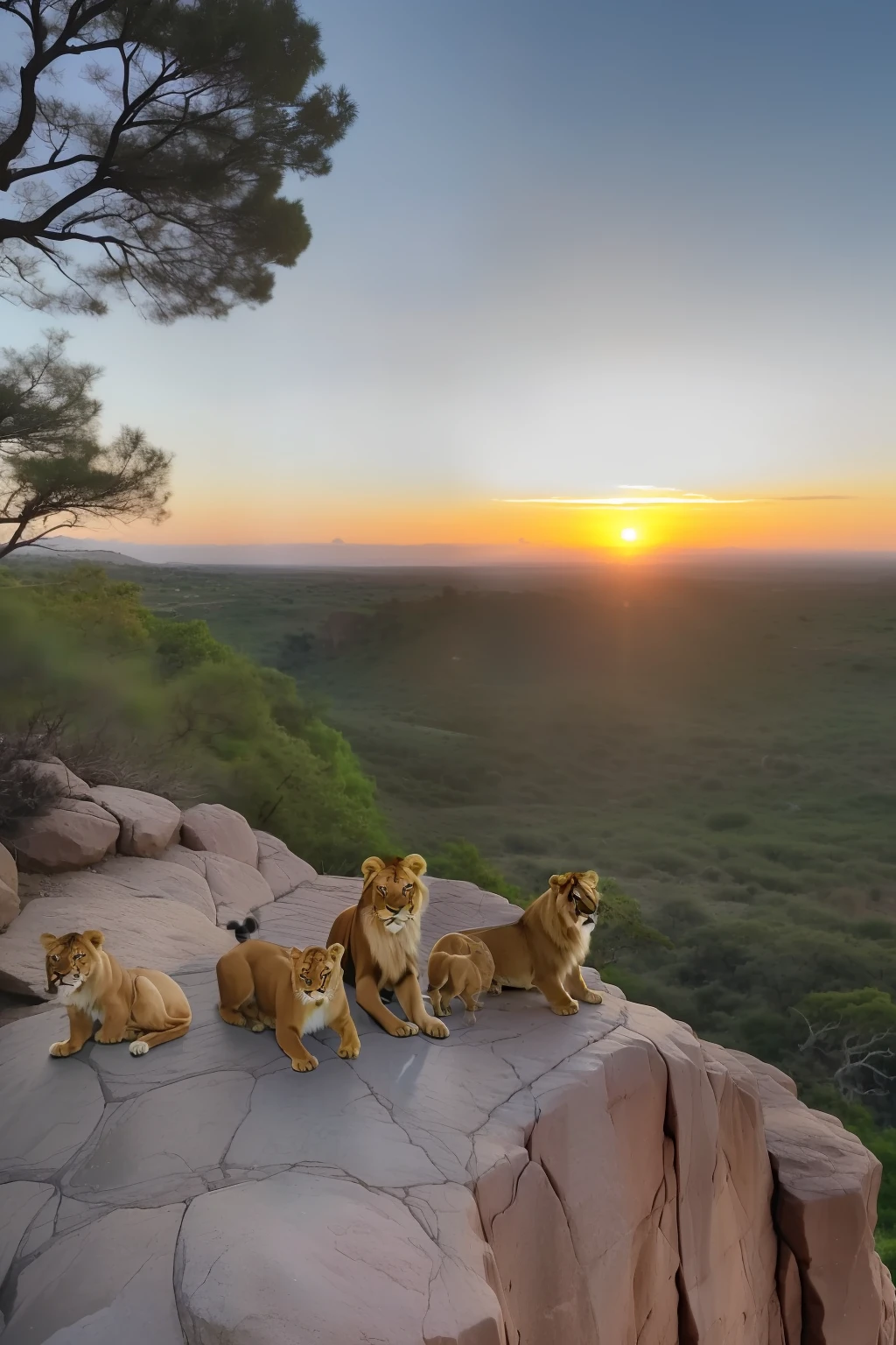 guttonerdvision5, (((a 3 year old boy))) wearing glasses, detailed face,playing in the middle of a family of lions with the male lion, the female lioness and the cuddly cubs. Scene on top of a rock, with air of fun, realistic, ultra detailed, reddish sky of the sunset.