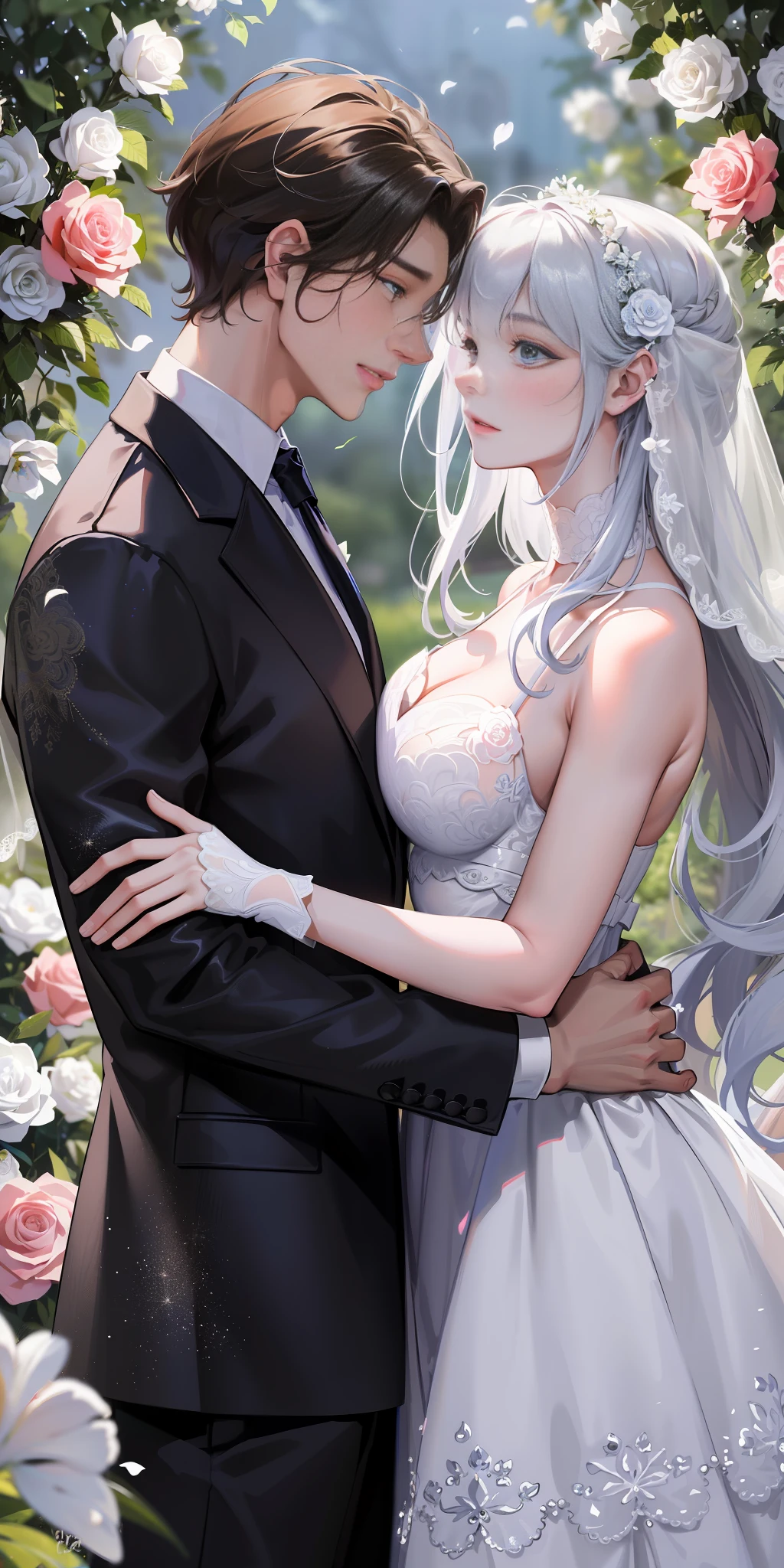 Masterpiece, highest picture quality, a couple, a man and a woman are getting married, men's black suits, women's white wedding dresses, flowers, gorgeous background, handsome boys, beautiful girls, girls show delicate collarbones, girls' breasts are very large, two people look at each other,