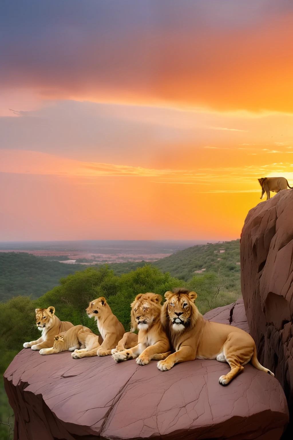 guttonerdvision5, (((a 3 year old boy))) wearing glasses, detailed face,playing in the middle of a family of lions with the male lion, the female lioness and the cuddly cubs. Scene on top of a rock, with air of fun, realistic, ultra detailed, reddish sky of the sunset.