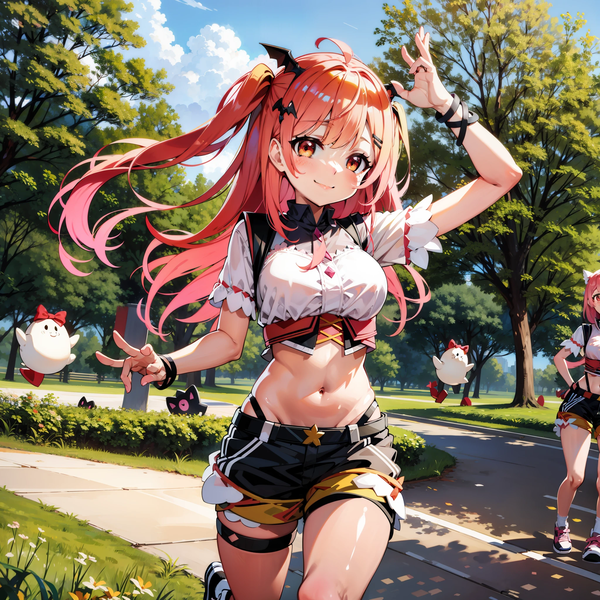 ****, pink hair, small waist, small bust, big thighs, shorts, long hair, smile, running in the park, defined abdomen, high quality