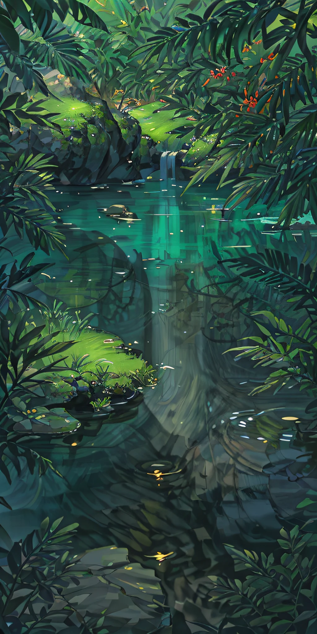 Chinese ancient times, spring, jungle, lake, cave, waterfall, tree, meadow, rock, deer, hot spring, water vapor, (illustration: 1.0), epic composition, realistic lighting, HD details, masterpiece, best quality, (very detailed CG unified 8k wallpaper)